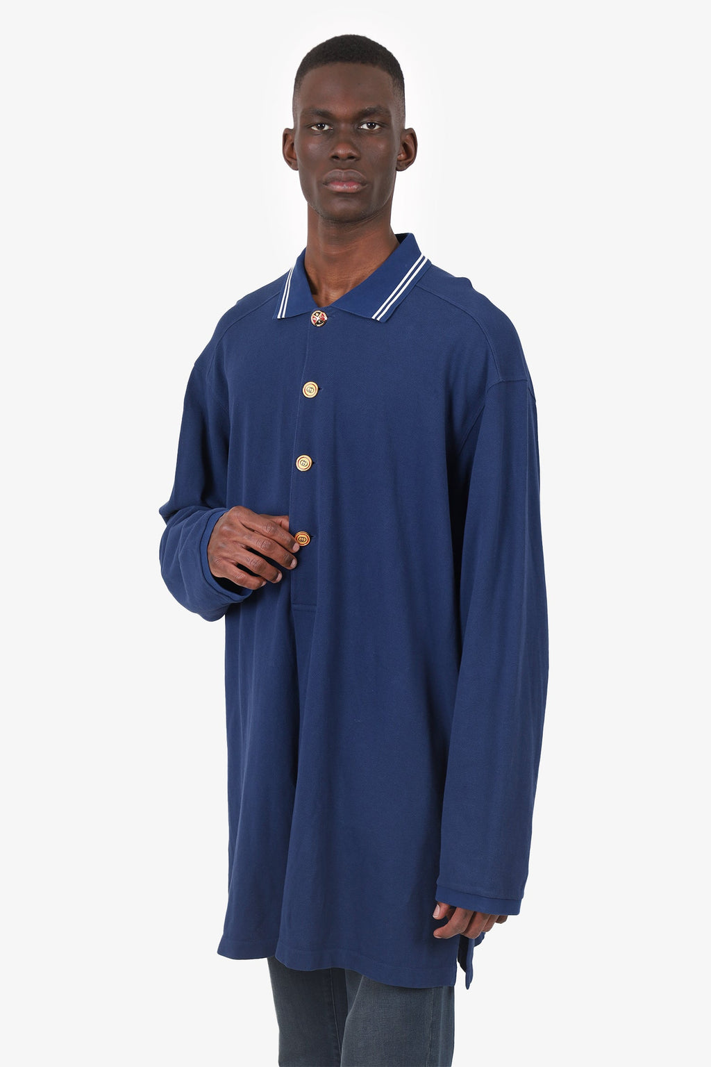 Gucci Navy Interlocking GG Button Polo Shirt Size XL Mens