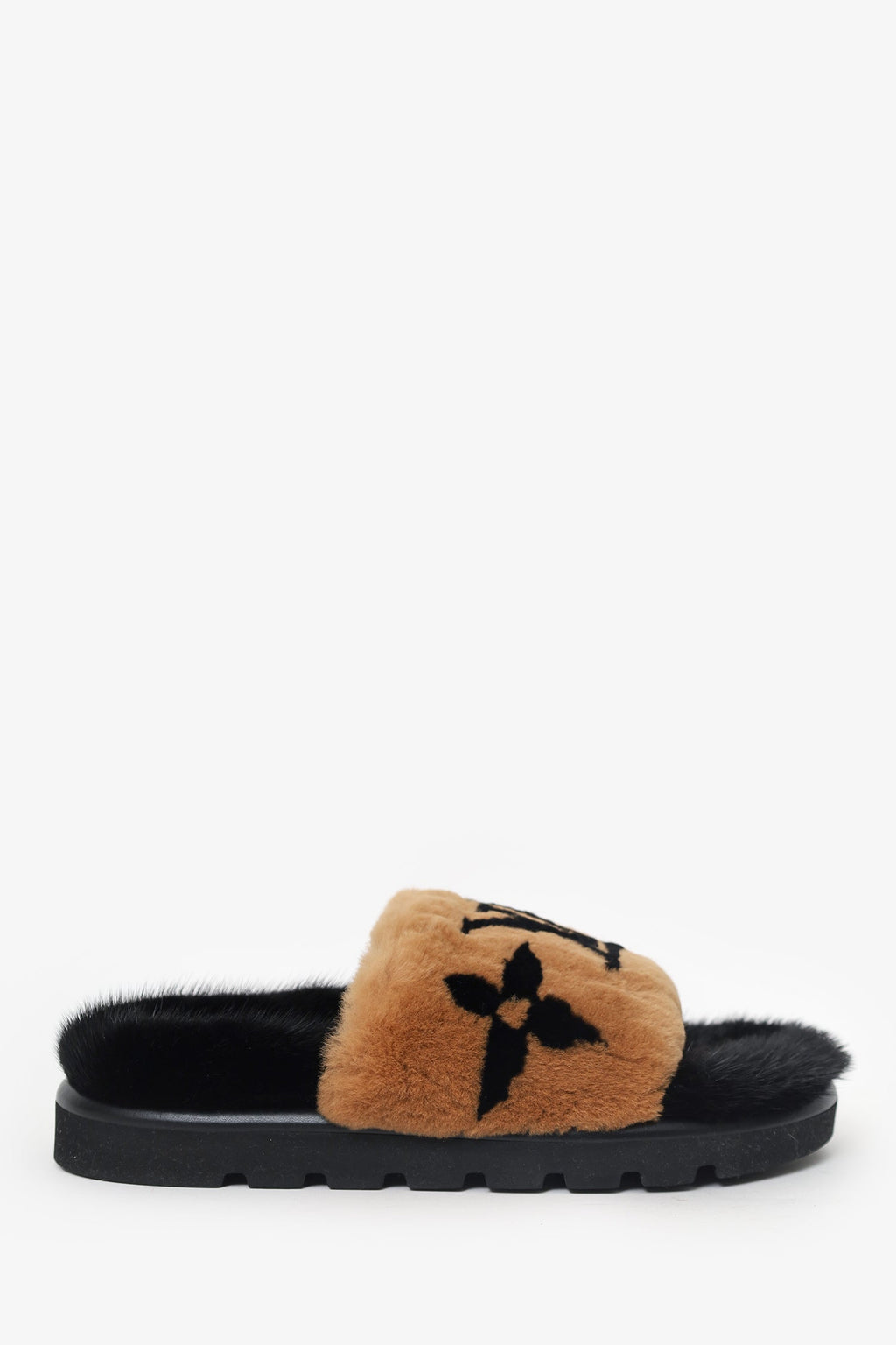 Louis Vuitton 2021 Brown/Black Giant Monogram Print Fur Mink Pool Pillow Comfort Mules Size 39