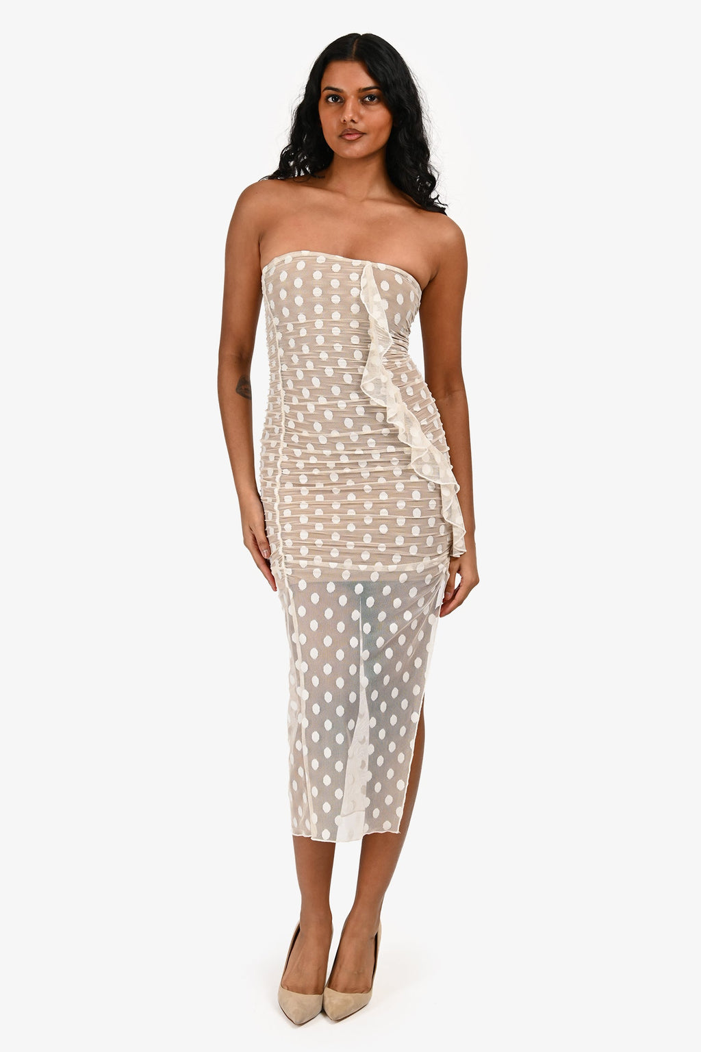 Majorelle White Polka Dot Sheer 'Brady' Strapless Midi Dress Size XS