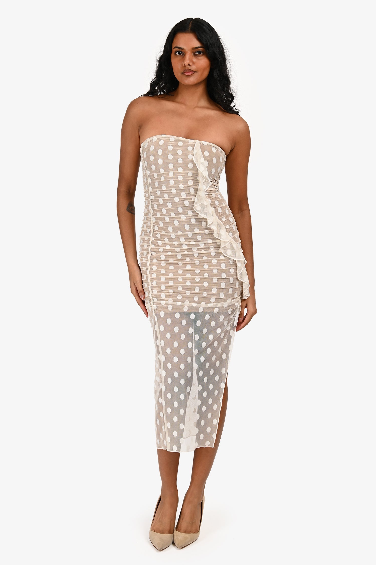 Majorelle White Polka Dot Sheer 'Brady' Strapless Midi Dress Size XS