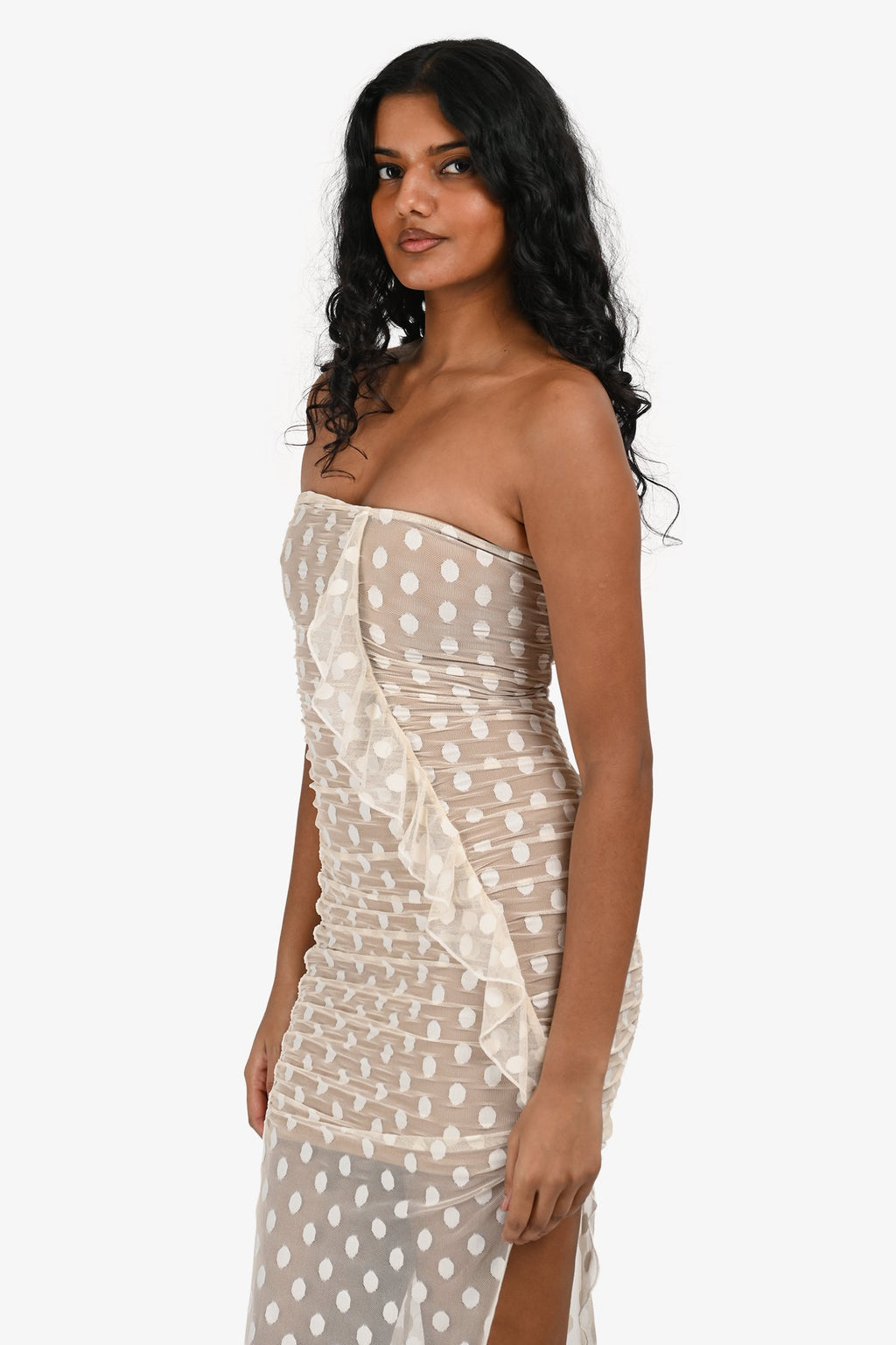 Majorelle White Polka Dot Sheer 'Brady' Strapless Midi Dress Size XS