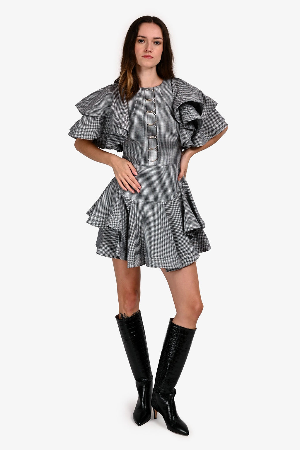 Acler Black/White Houndstooth Ruffled Mini Dress Size 2