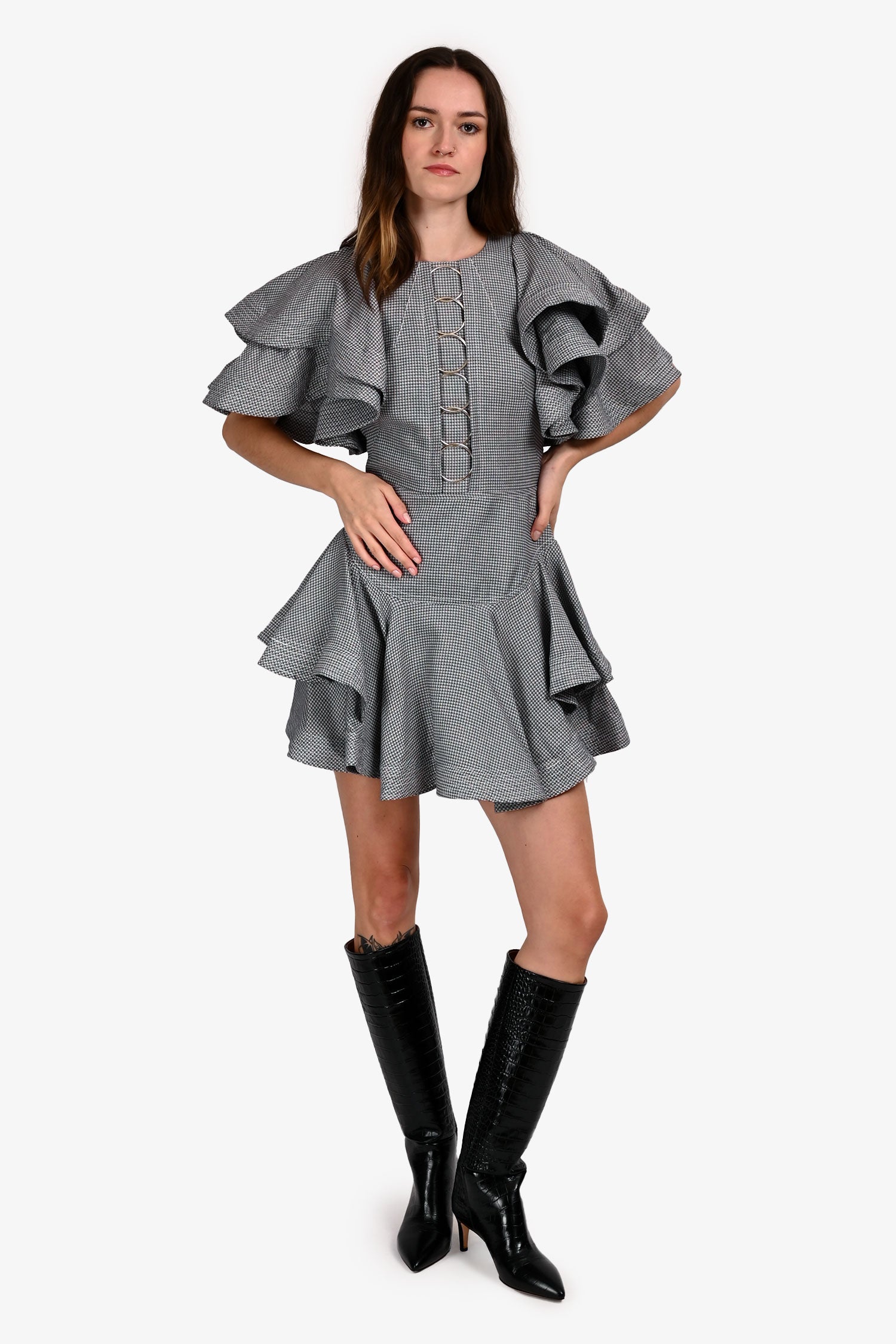 Acler Black/White Houndstooth Ruffled Mini Dress Size 2