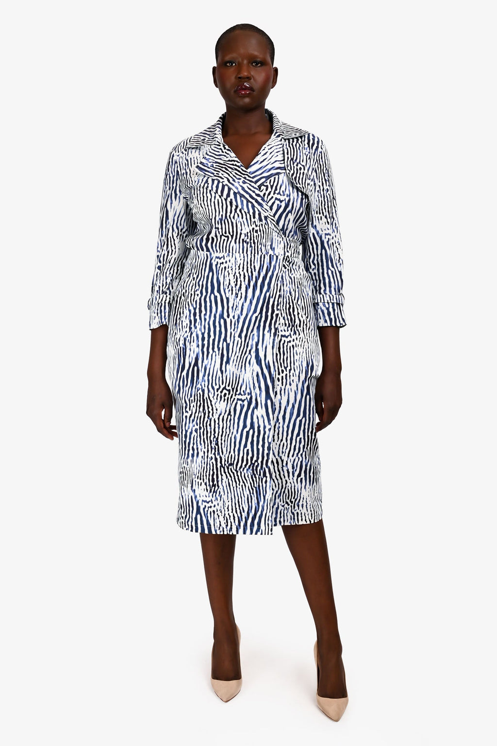 Max Mara Blue/White Zebra Printed Long Sleeve Trench Style Wrap Dress Size 12