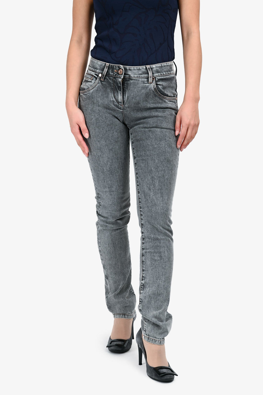 Brunello Cucinelli Grey Beaded Back Pocket Skinny Jeans Size 36