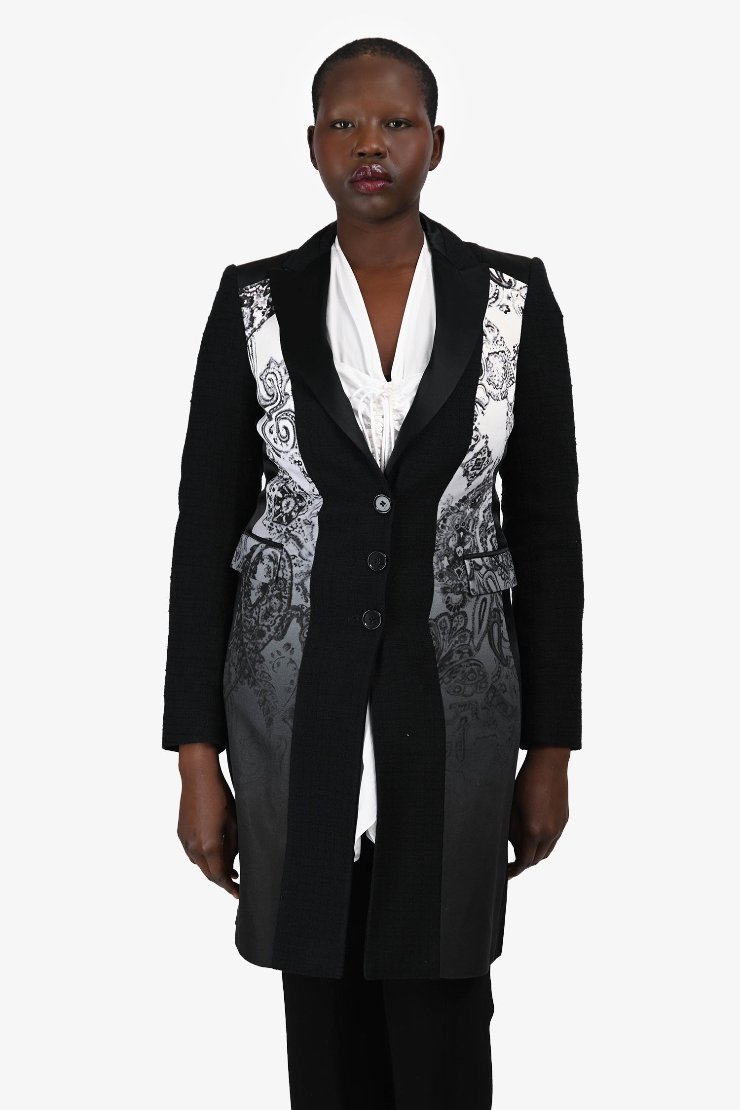 Etro Black Graphic Print Shoulder Padded Blazer Coat Size 42 IT
