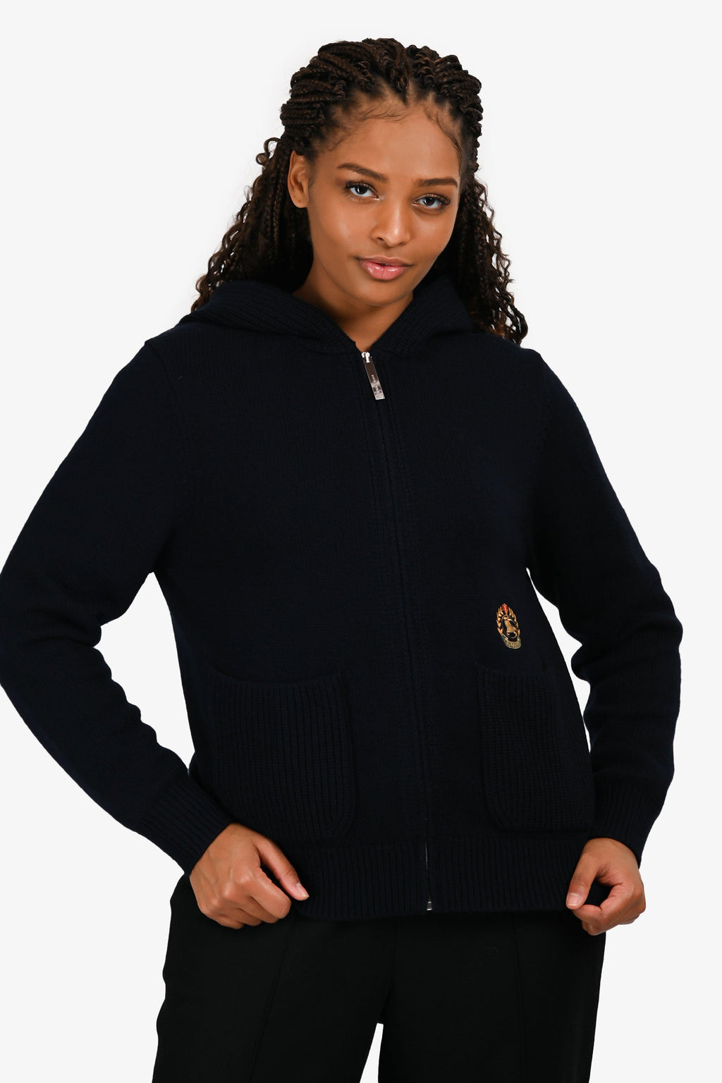 Burberry London Navy Cashmere Logo Hooded Zip Up igan Size M