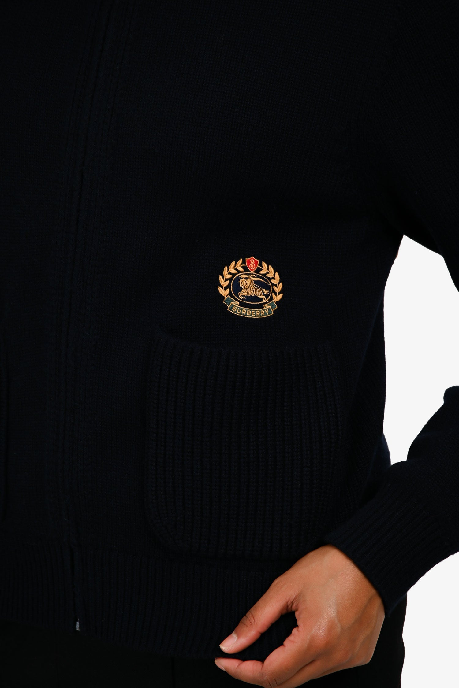 Burberry London Navy Cashmere Logo Hooded Zip Up igan Size M