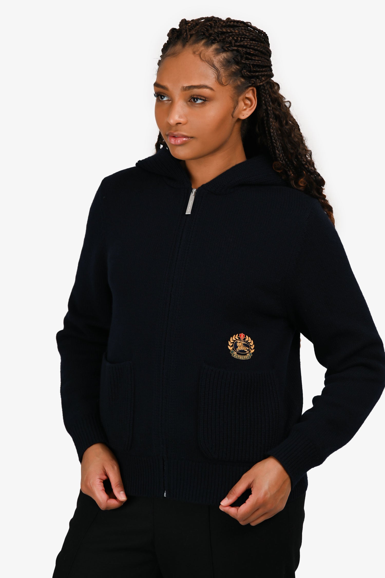 Burberry London Navy Cashmere Logo Hooded Zip Up igan Size M