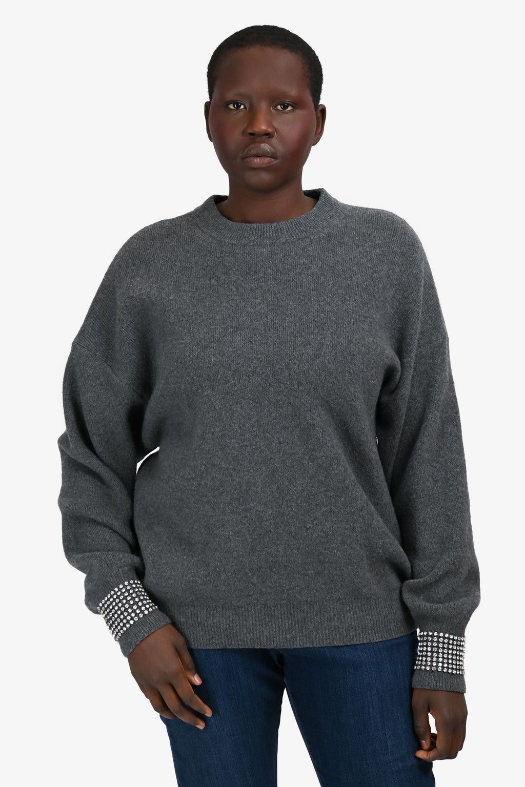 Alexander Wang Grey Wool Crystal Embellished Cuff Sweater Size M