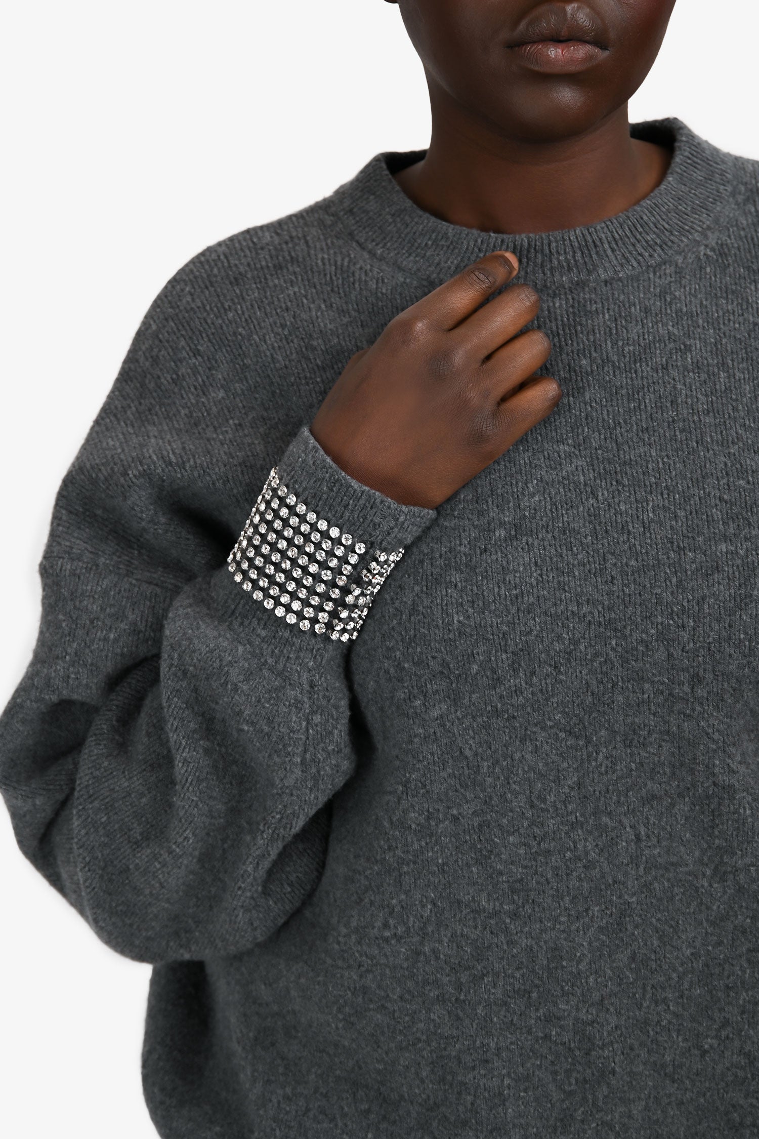 Alexander Wang Grey Wool Crystal Embellished Cuff Sweater Size M