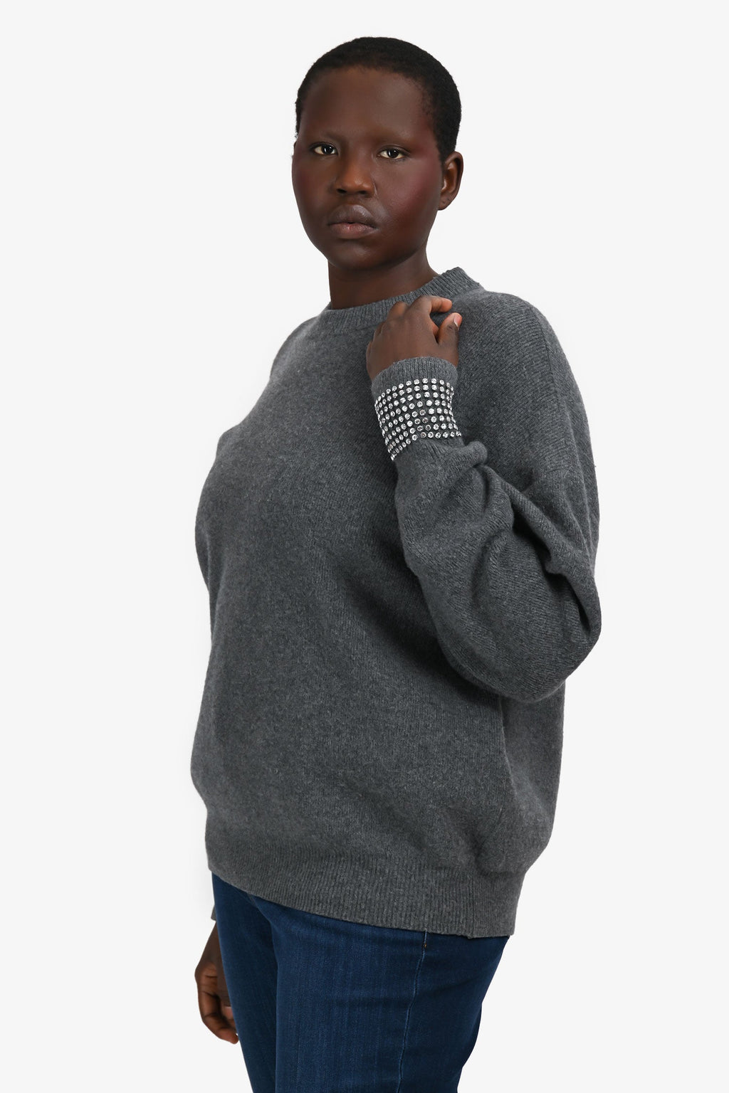 Alexander Wang Grey Wool Crystal Embellished Cuff Sweater Size M
