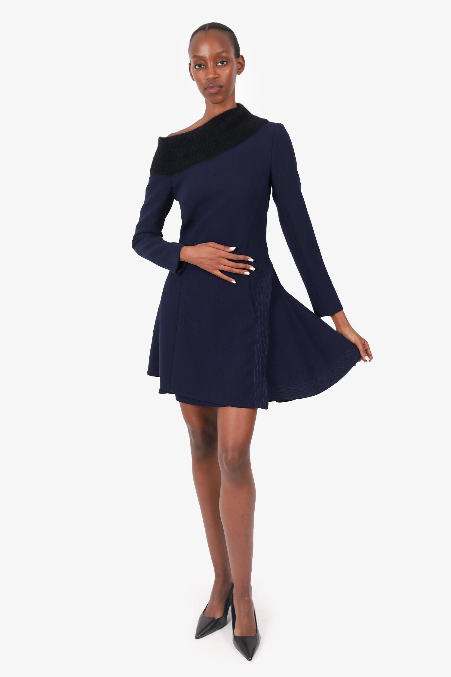Christian Dior Navy/Burgundy Angora Collar Mini Dress Size 4