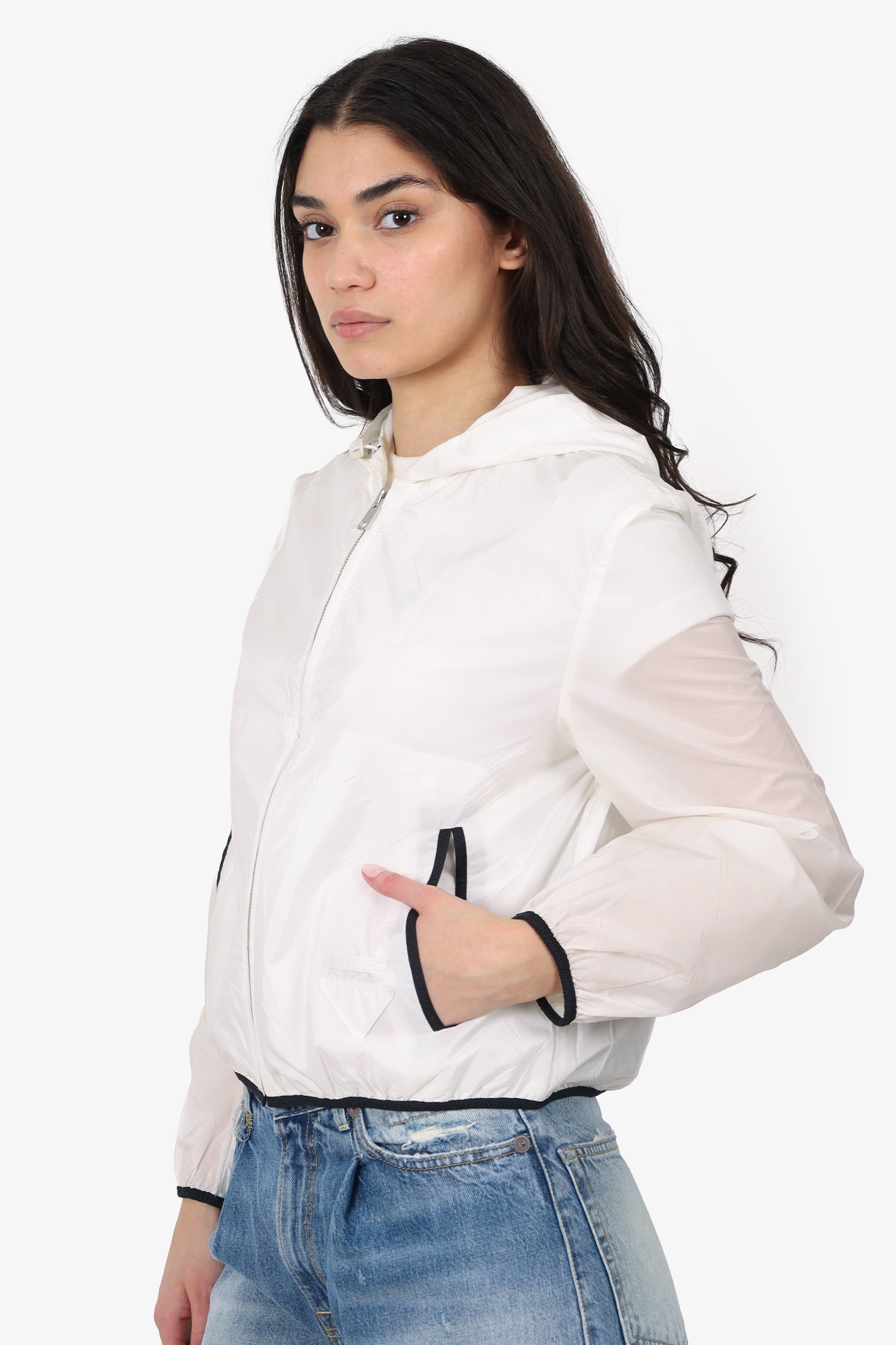 Prada White Cropped Windbreaker With Hood Size 42