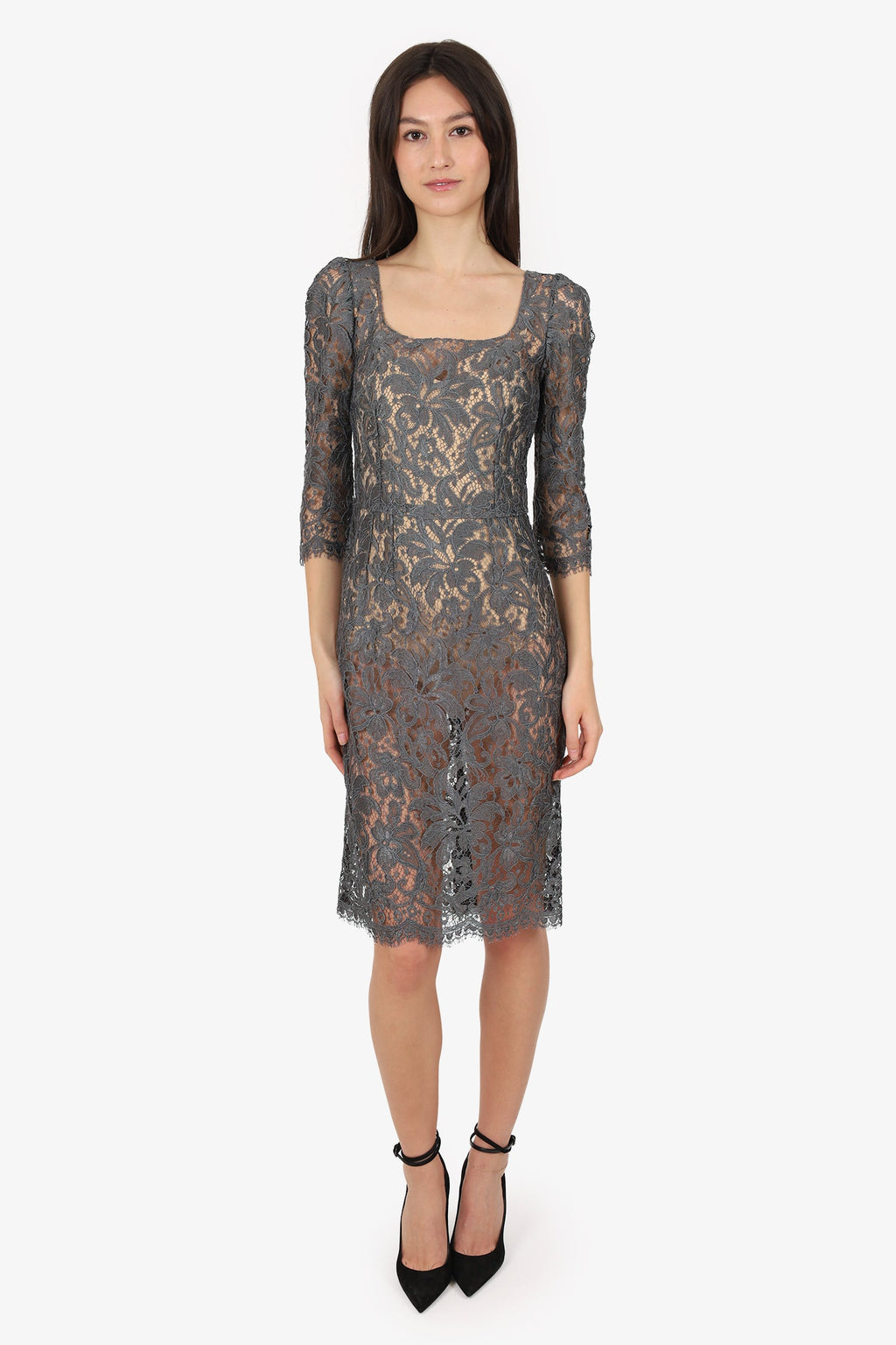 Dolce & Gabbana Grey Lace Long Sleeve Mini Dress Estimated Size S