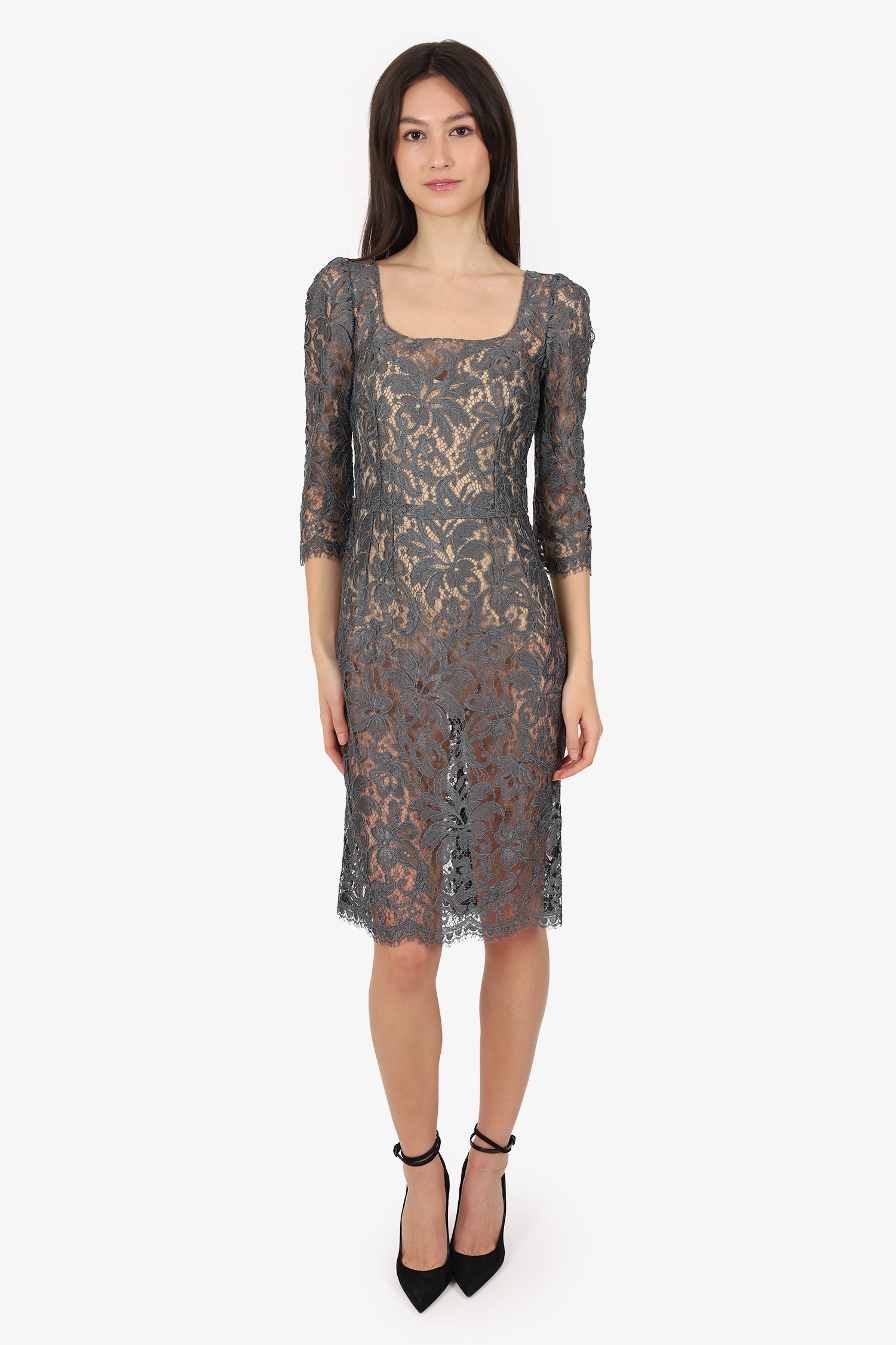 Dolce & Gabbana Grey Lace Long Sleeve Mini Dress Estimated Size S