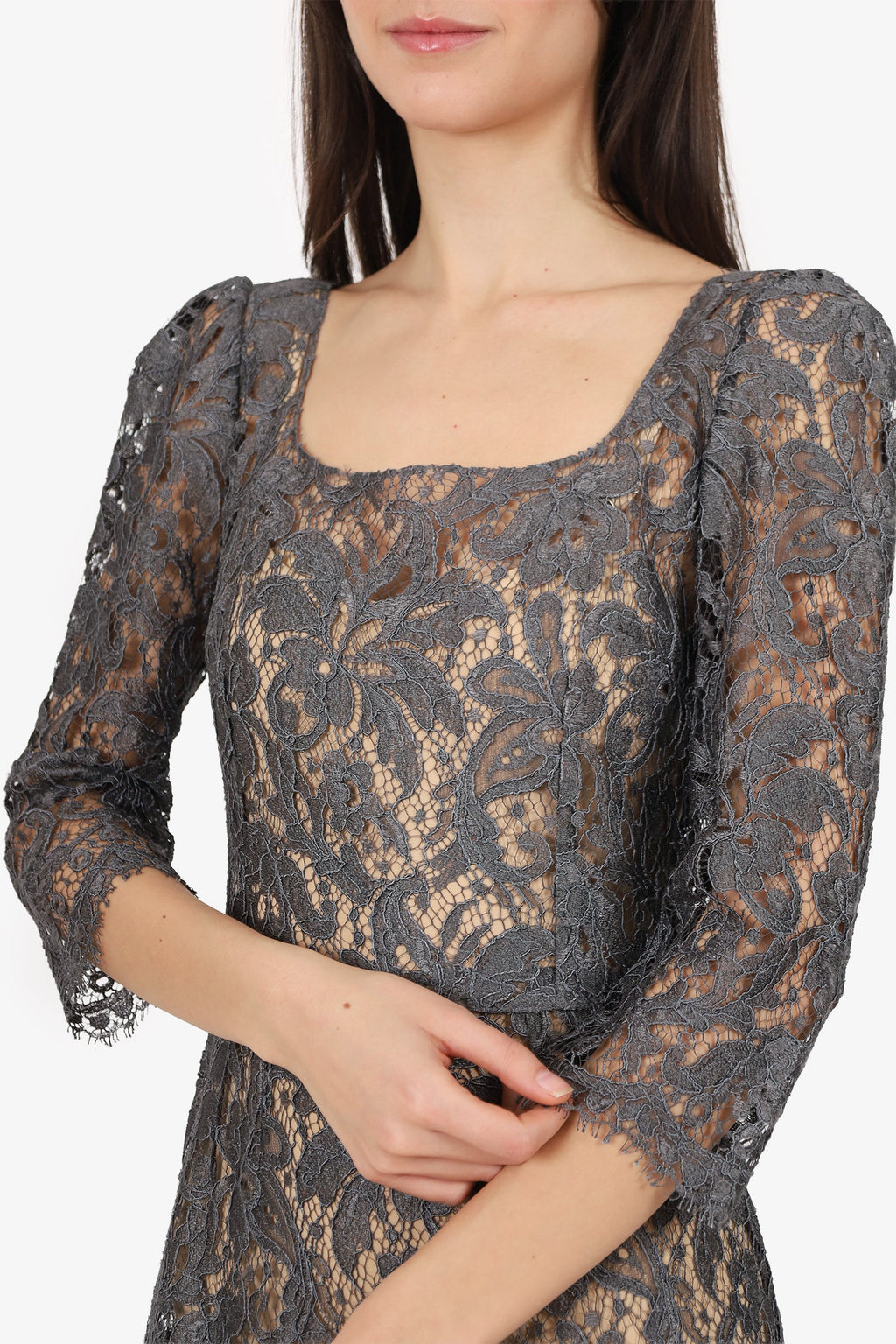 Dolce & Gabbana Grey Lace Long Sleeve Mini Dress Estimated Size S