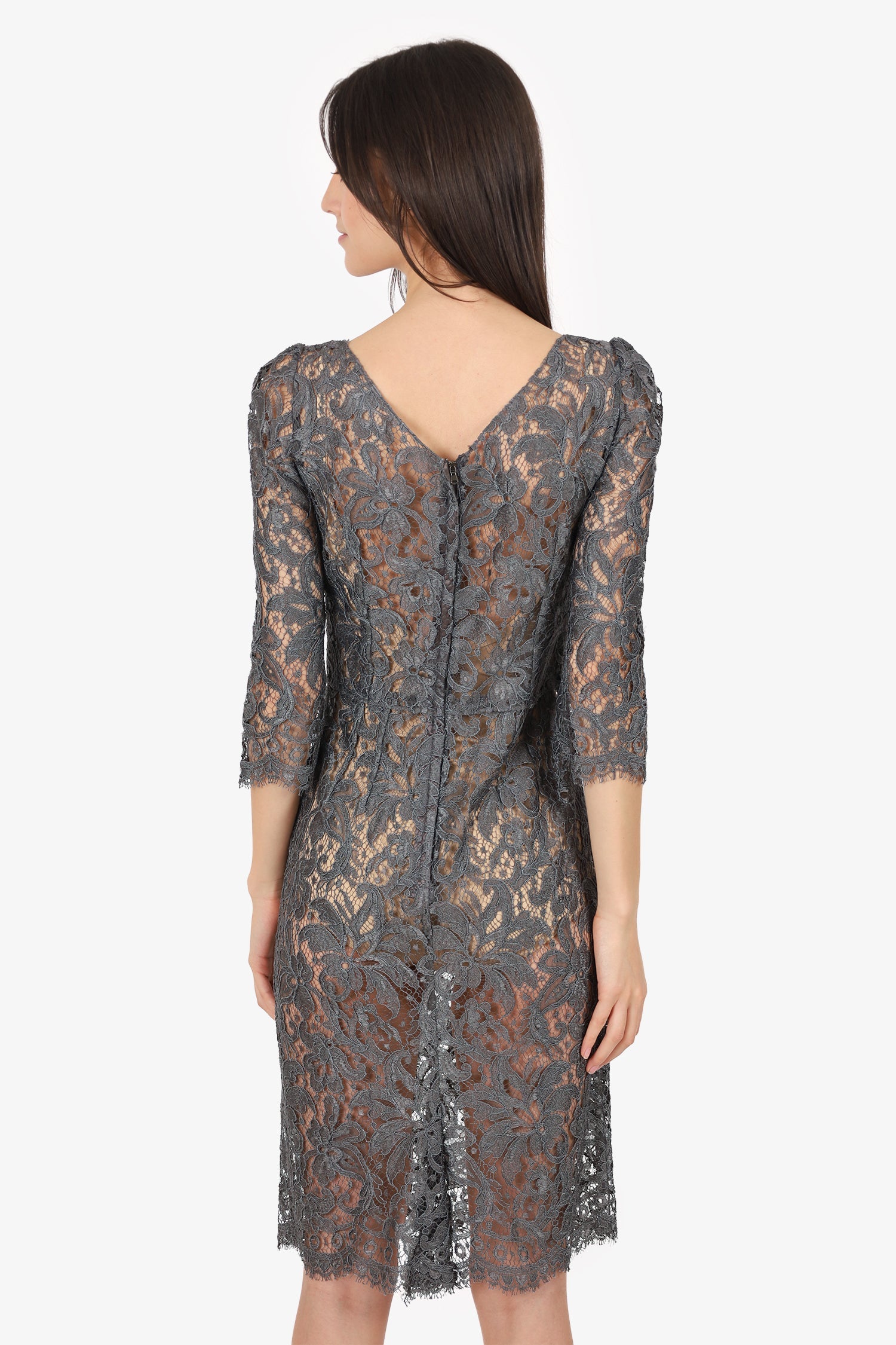 Dolce & Gabbana Grey Lace Long Sleeve Mini Dress Estimated Size S