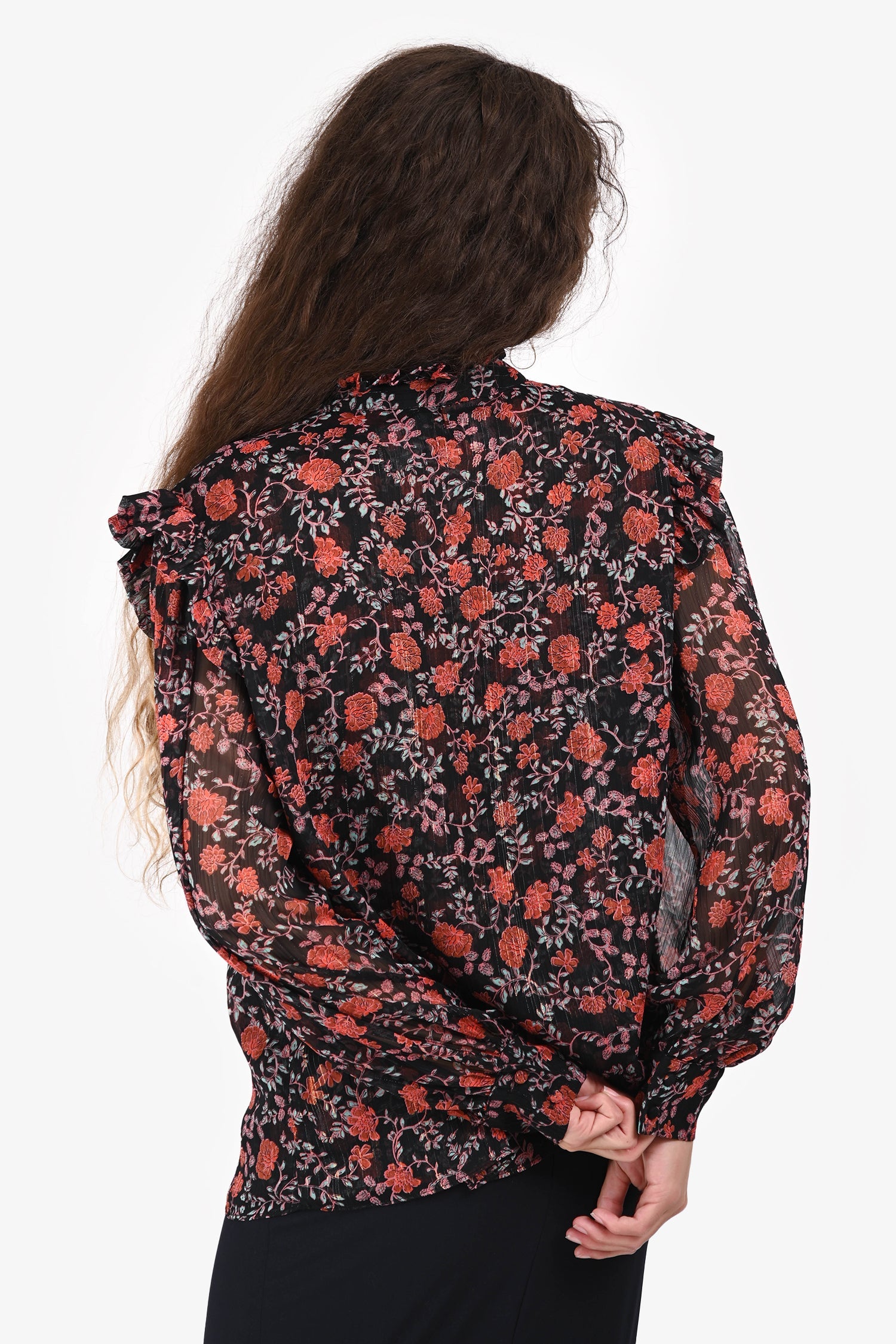Misa Black/Pink Floral Sheer Blouse Size L