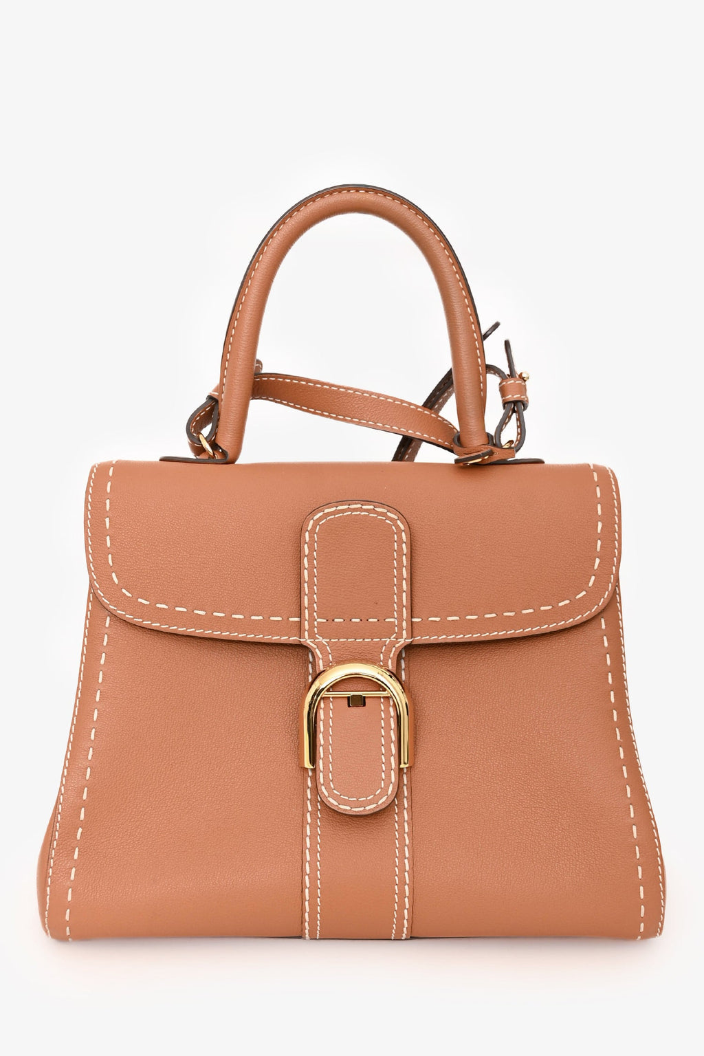 Delvaux Brown Leather Stitch Detail Le Brilliant MM Top Handle Gold Hardware With Strap