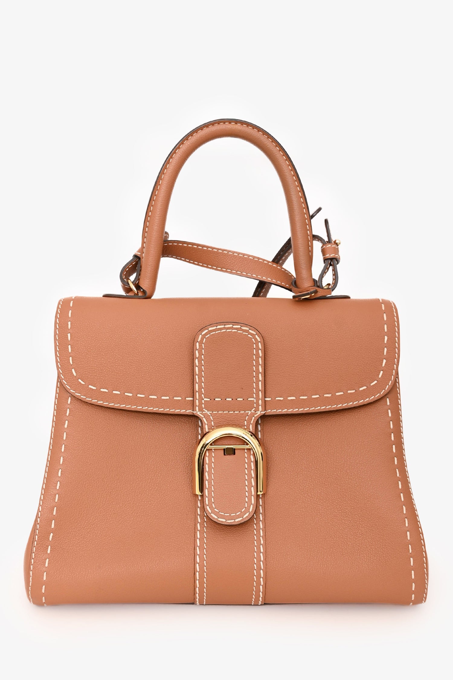 Delvaux Brown Leather Stitch Detail Le Brilliant MM Top Handle Gold Hardware With Strap
