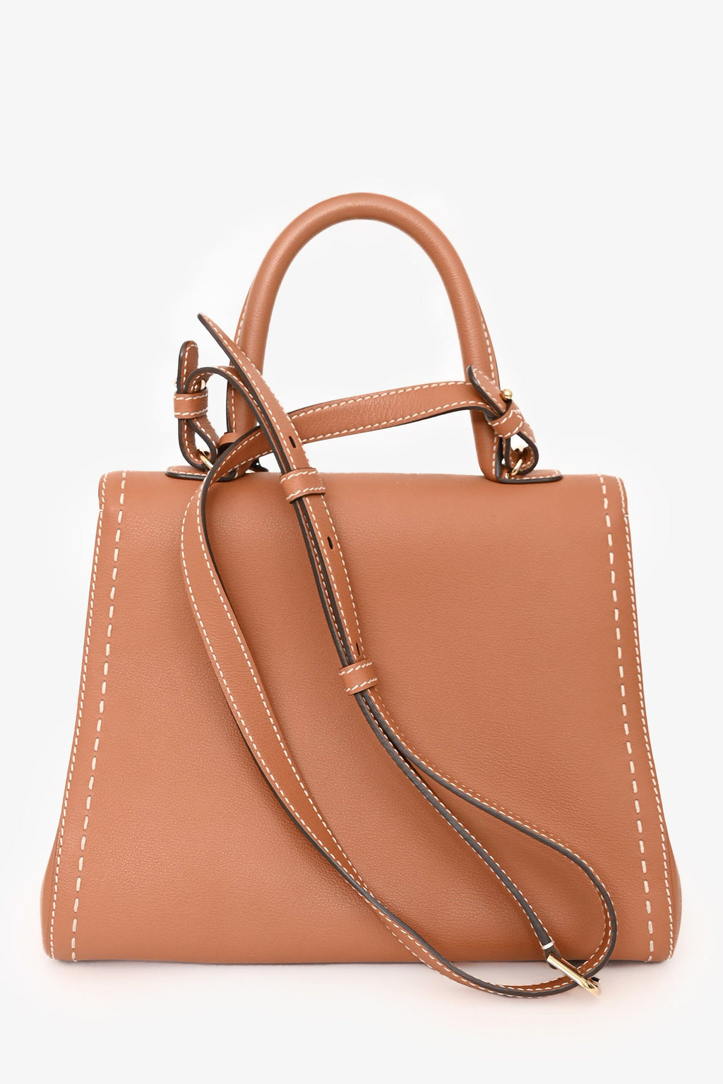 Delvaux Brown Leather Stitch Detail Le Brilliant MM Top Handle Gold Hardware With Strap