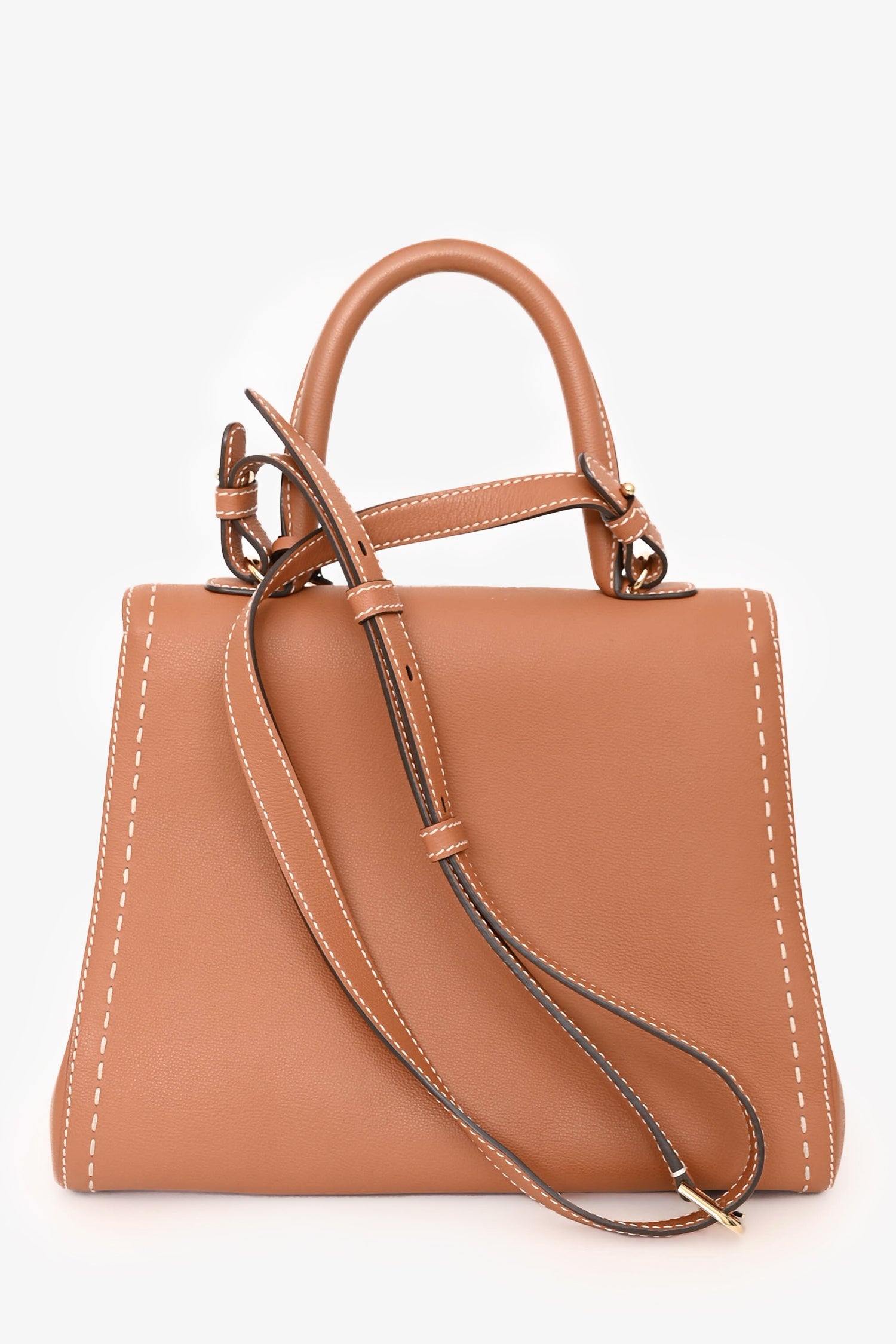 Delvaux Brown Leather Stitch Detail Le Brilliant MM Top Handle Gold Hardware With Strap
