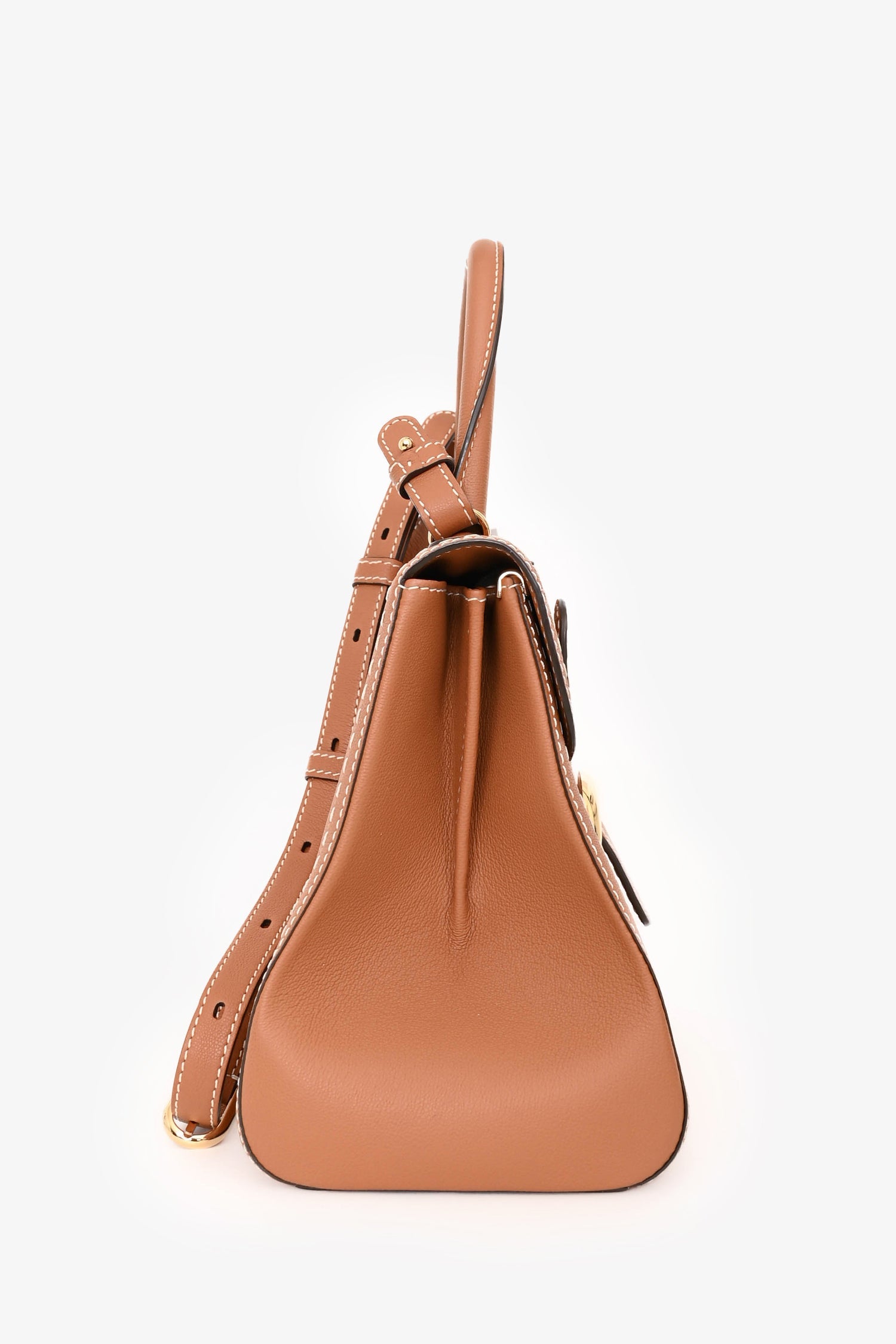 Delvaux Brown Leather Stitch Detail Le Brilliant MM Top Handle Gold Hardware With Strap