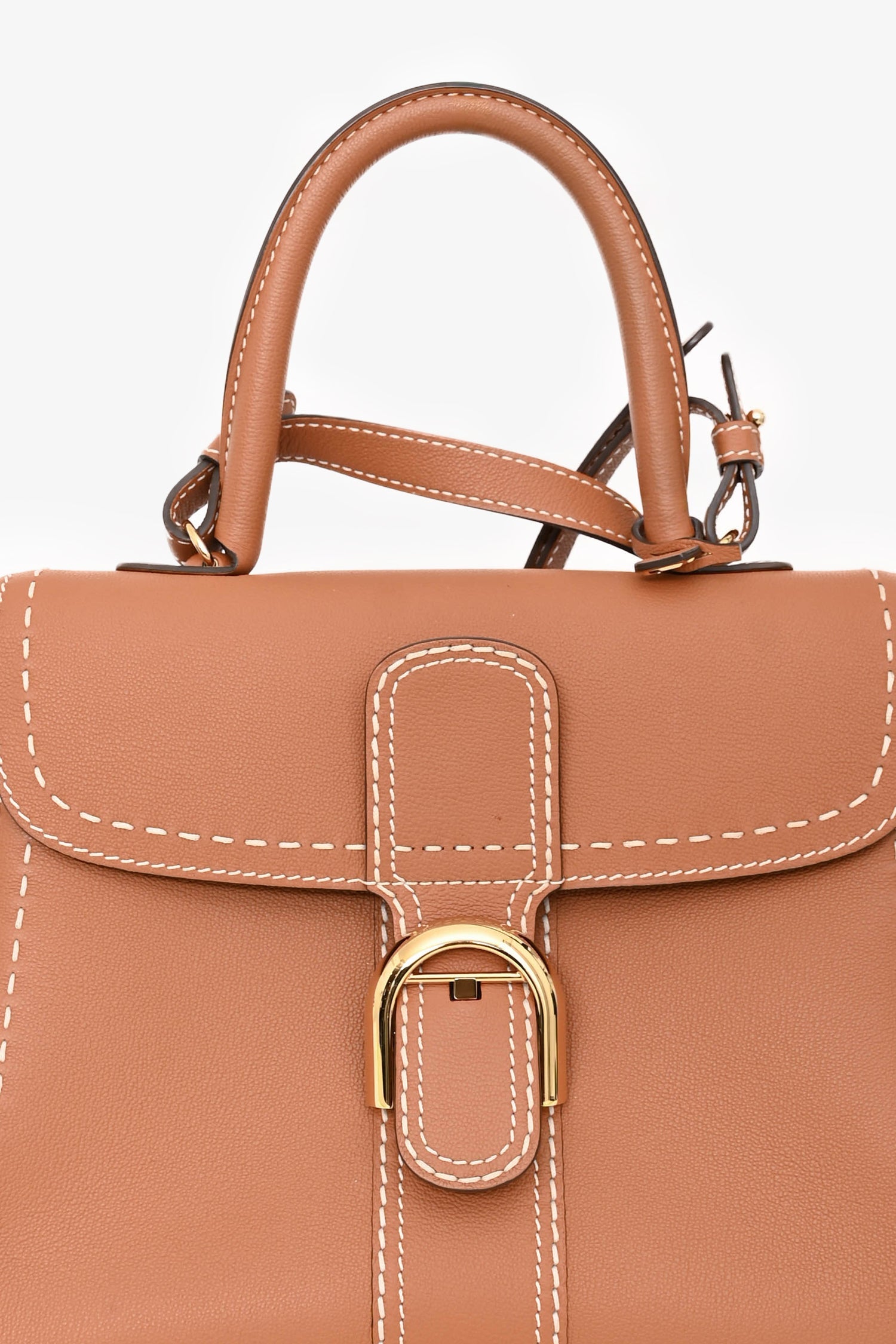 Delvaux Brown Leather Stitch Detail Le Brilliant MM Top Handle Gold Hardware With Strap