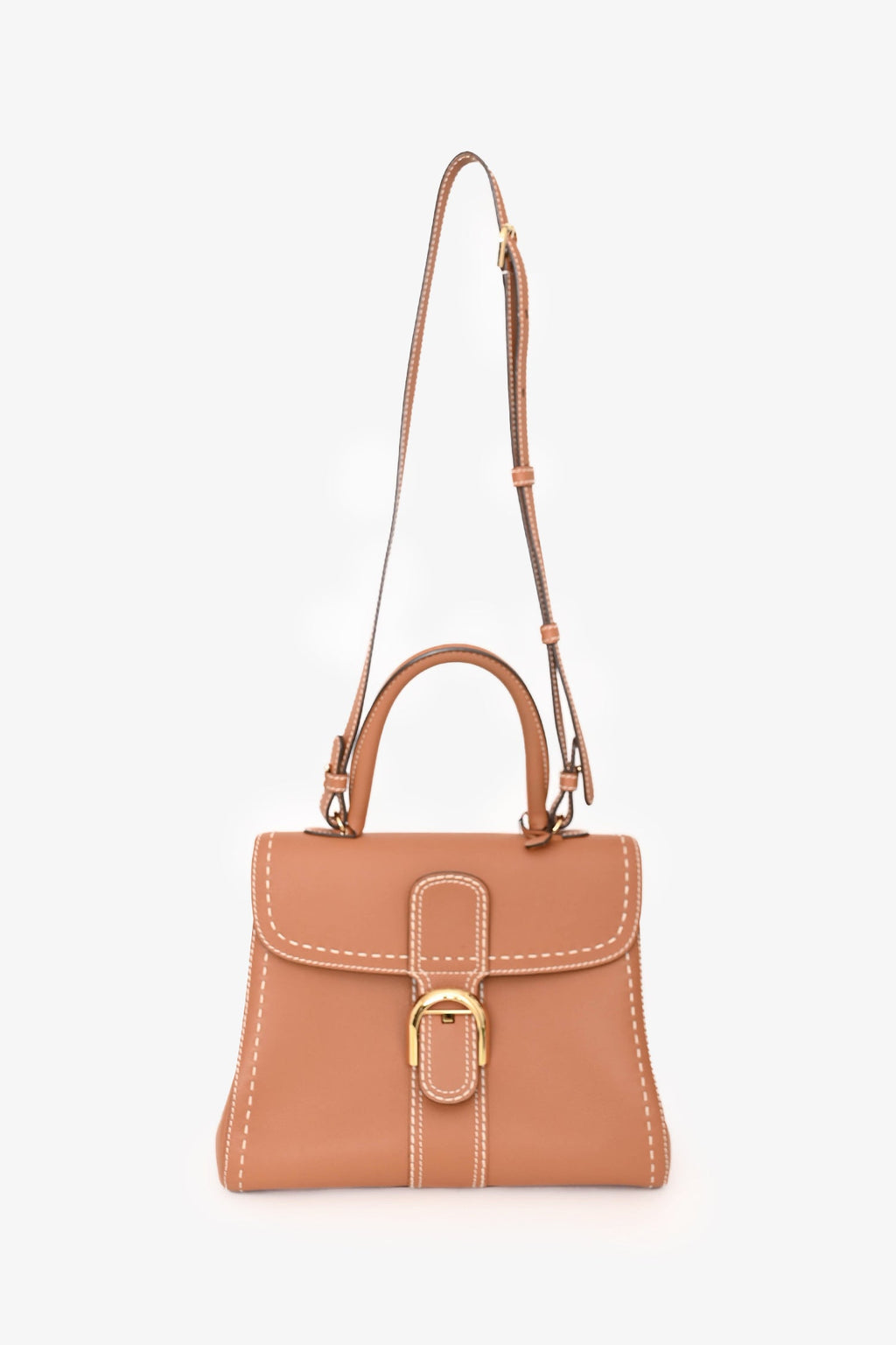 Delvaux Brown Leather Stitch Detail Le Brilliant MM Top Handle Gold Hardware With Strap