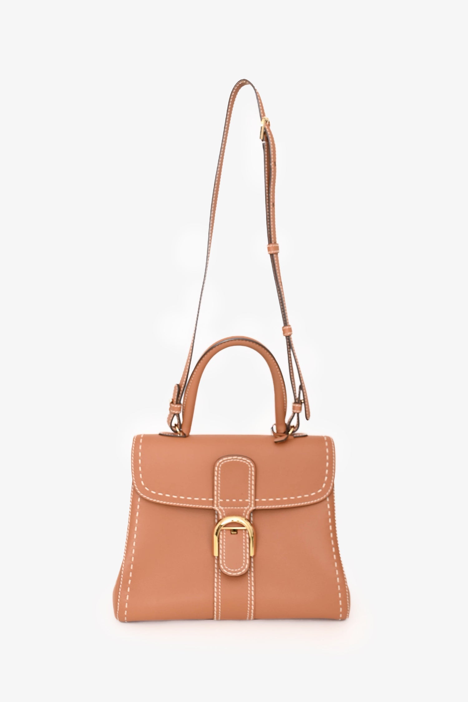 Delvaux Brown Leather Stitch Detail Le Brilliant MM Top Handle Gold Hardware With Strap