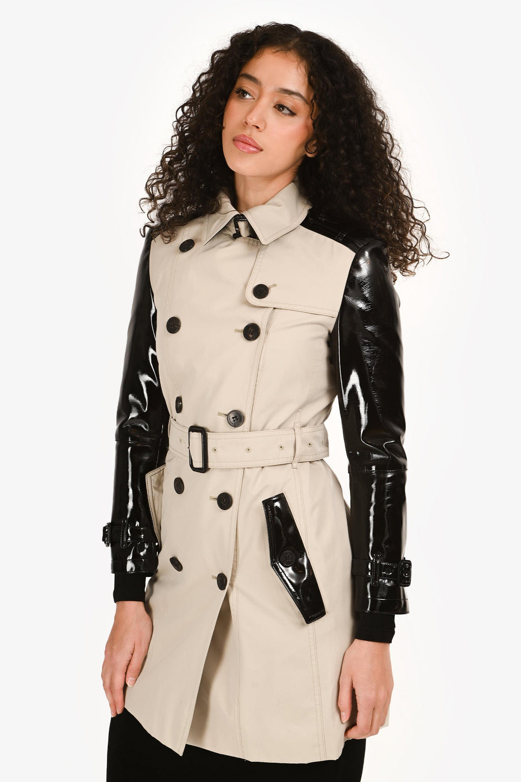 Burberry London Beige/Black Faux Leather Sleeve Trench Coat Size 4 US
