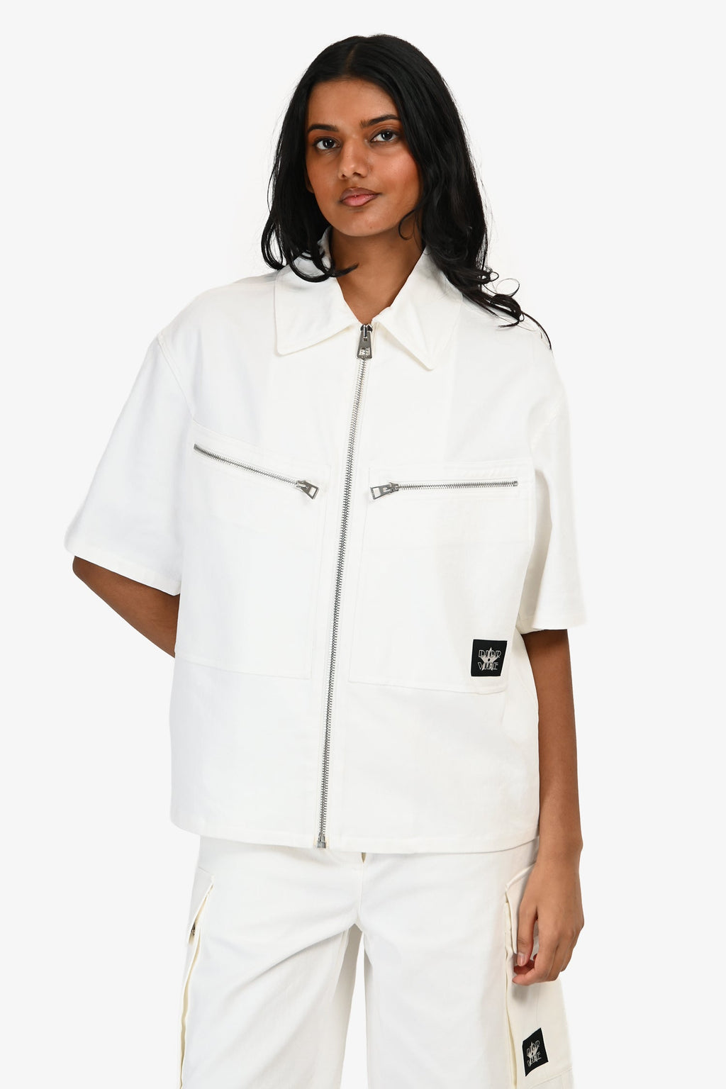 Christian Dior White Denim 'Dior Vibe' Zip Up Shirt + Shorts Set Size 4/6 US