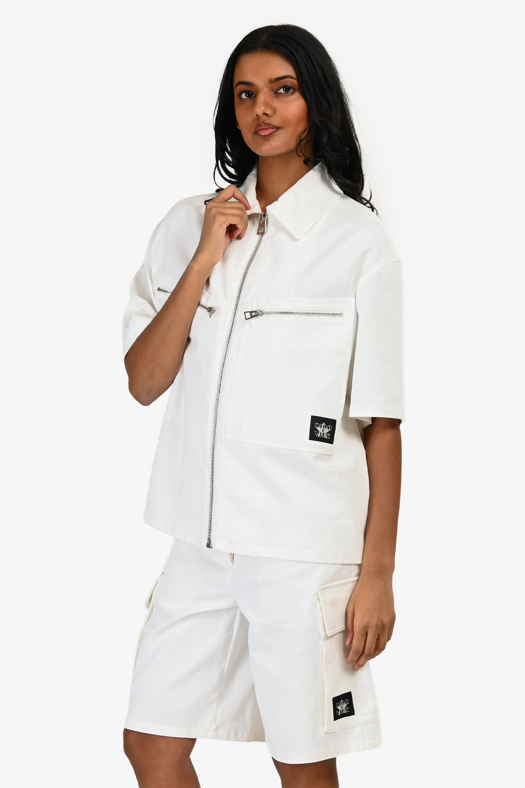 Christian Dior White Denim 'Dior Vibe' Zip Up Shirt + Shorts Set Size 4/6 US