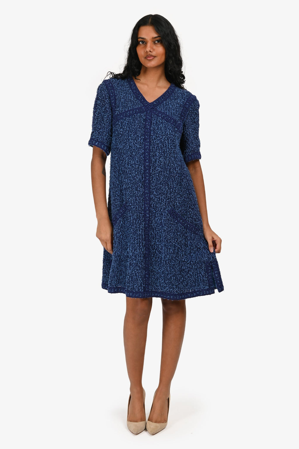 Pre-Loved Chanel™ 2013 Navy V-Neck Midi Dress Size 36 FR