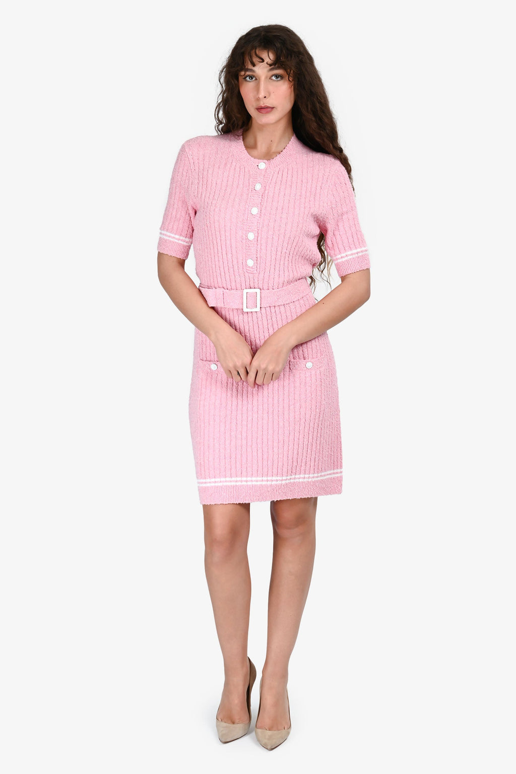 Pre-Loved Chanel™ 2022 Pink Ribbed Knit Midi Dress with Belt Size 40