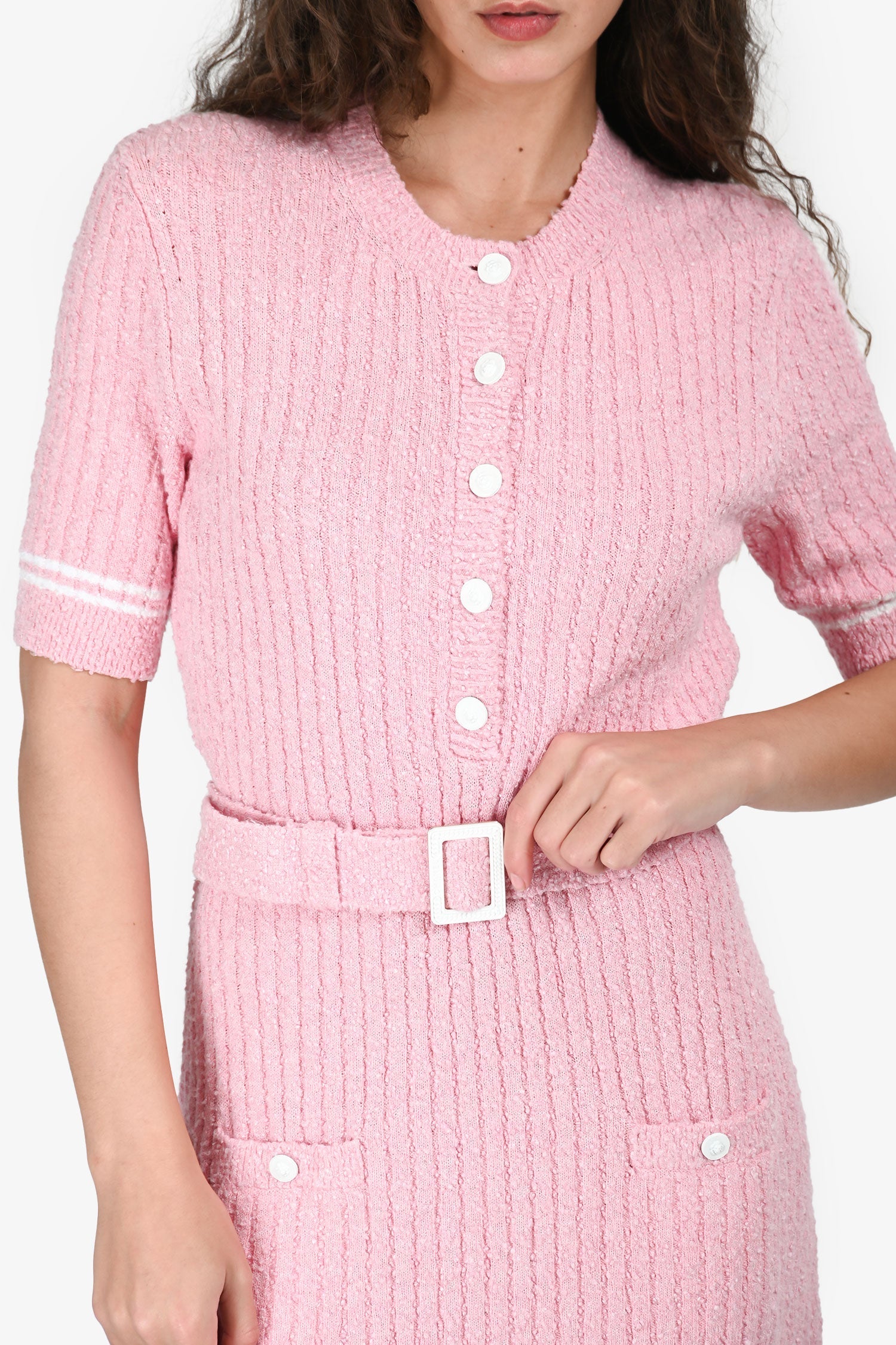 Pre-Loved Chanel™ 2022 Pink Ribbed Knit Midi Dress with Belt Size 40