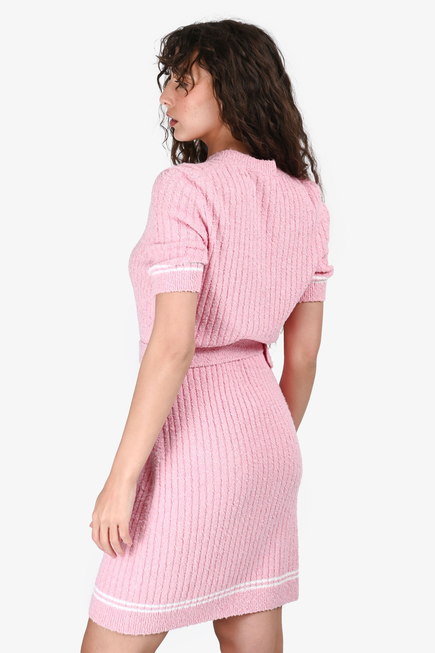 Pre-Loved Chanel™ 2022 Pink Ribbed Knit Midi Dress with Belt Size 40