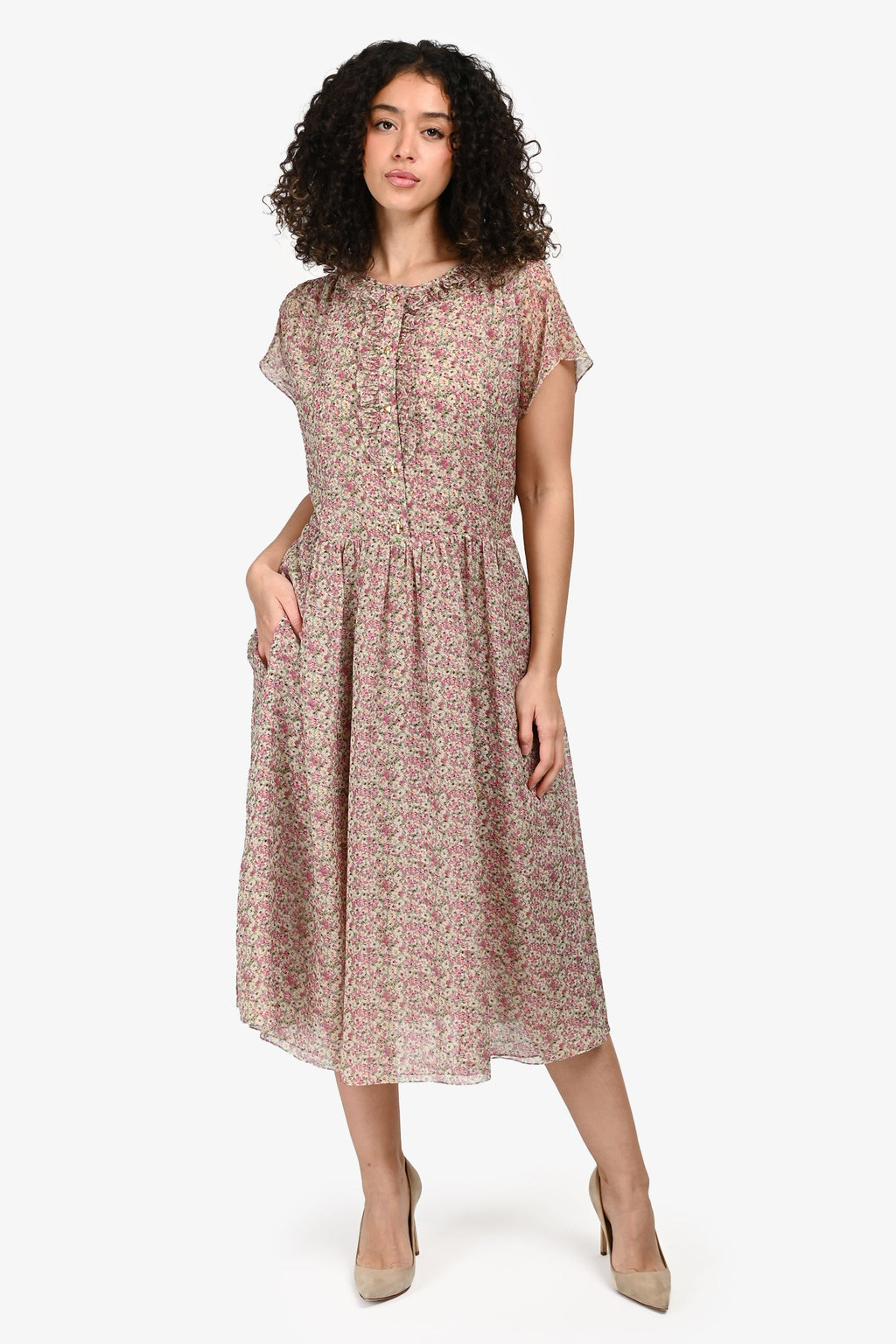 Celine Pink/Green Silk Floral Print Ruffle Trim Short Sleeve Midi Dress Size 38 FR