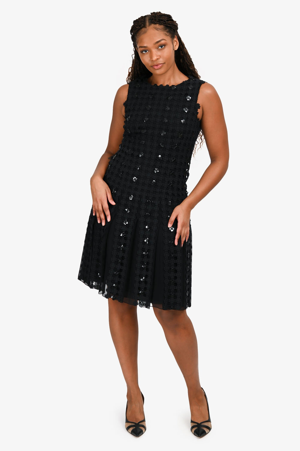 Oscar De La Renta 2014 Black Silk Sequin Floral Pattern Dress Size 6