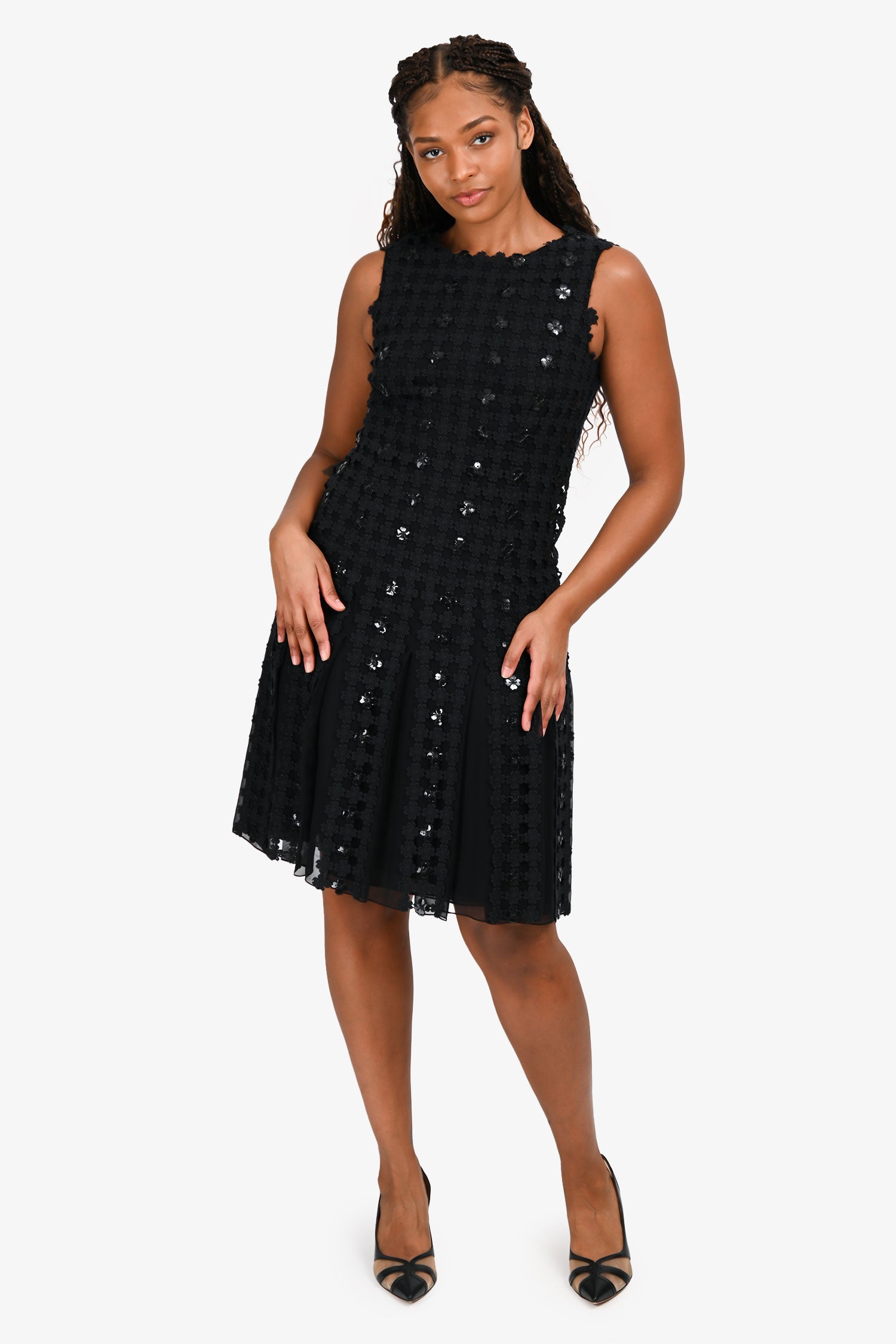 Oscar De La Renta 2014 Black Silk Sequin Floral Pattern Dress Size 6