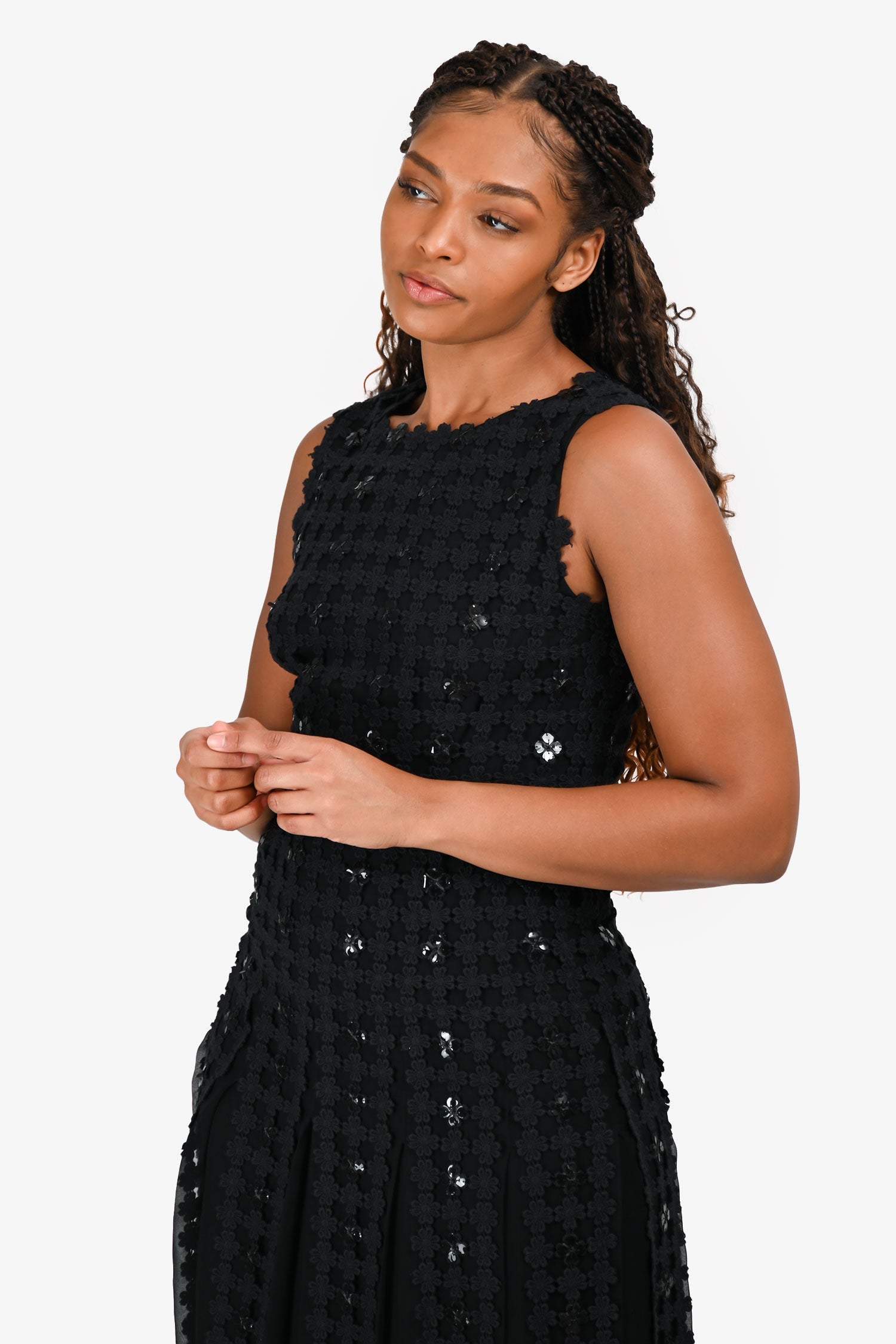 Oscar De La Renta 2014 Black Silk Sequin Floral Pattern Dress Size 6