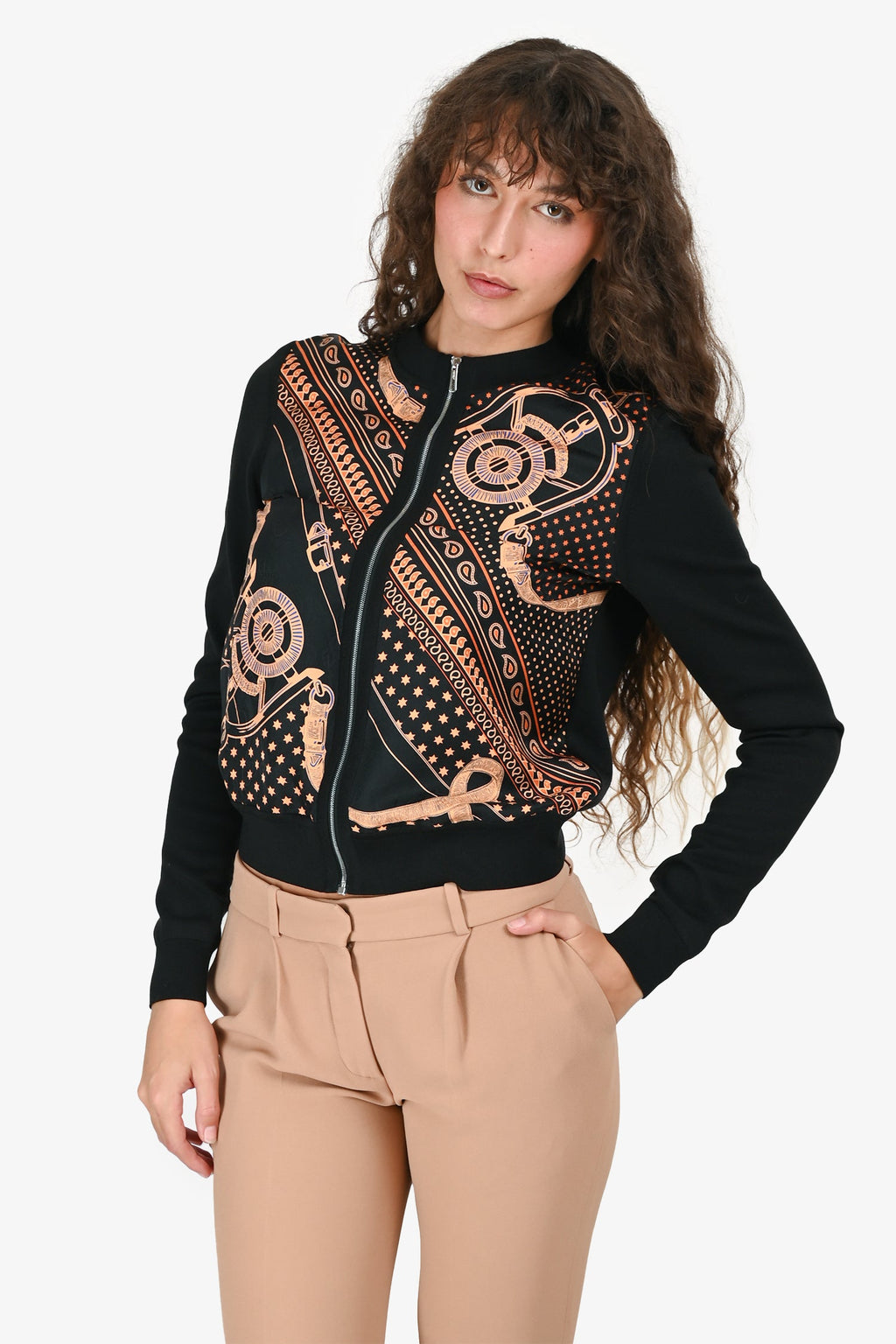 Hermès Black/Orange Silk "Eperon d'Or Bandana" Zip Up Twillaine igan Size 36