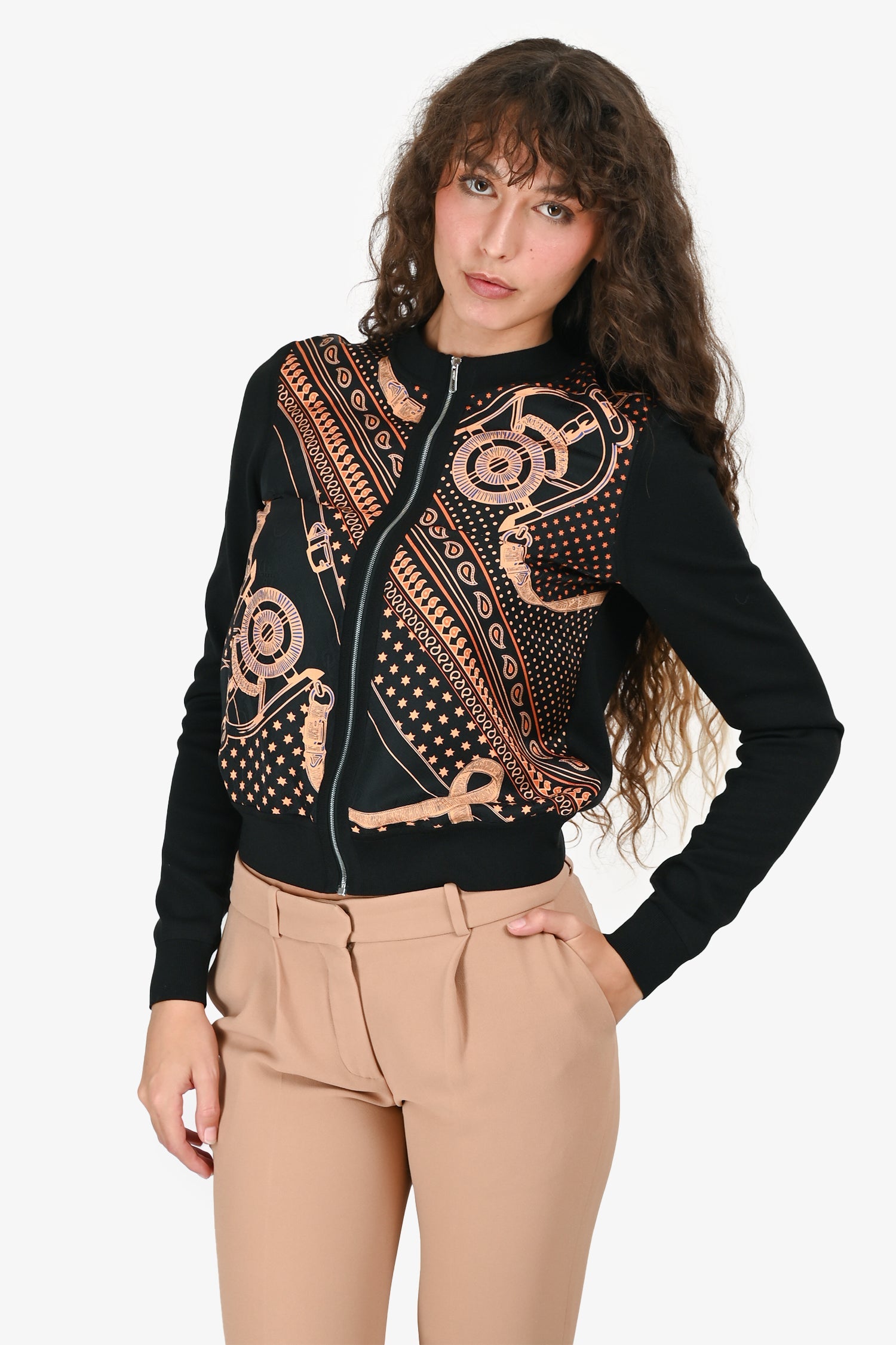 Hermès Black/Orange Silk "Eperon d'Or Bandana" Zip Up Twillaine igan Size 36