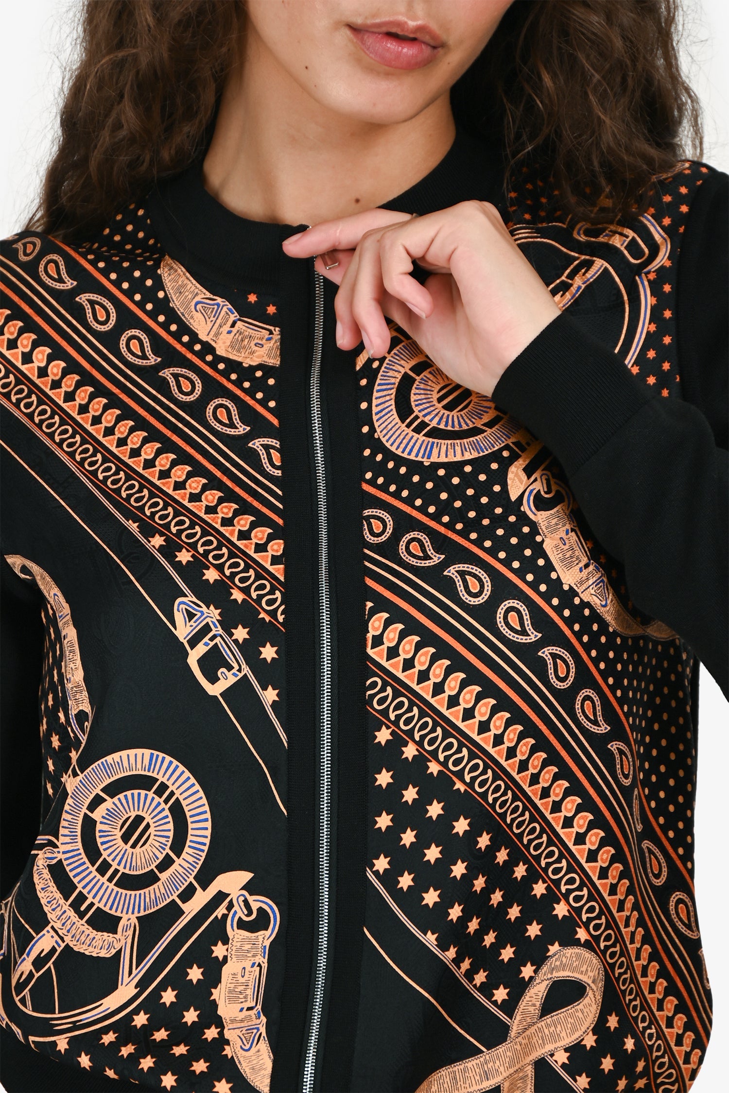 Hermès Black/Orange Silk "Eperon d'Or Bandana" Zip Up Twillaine igan Size 36