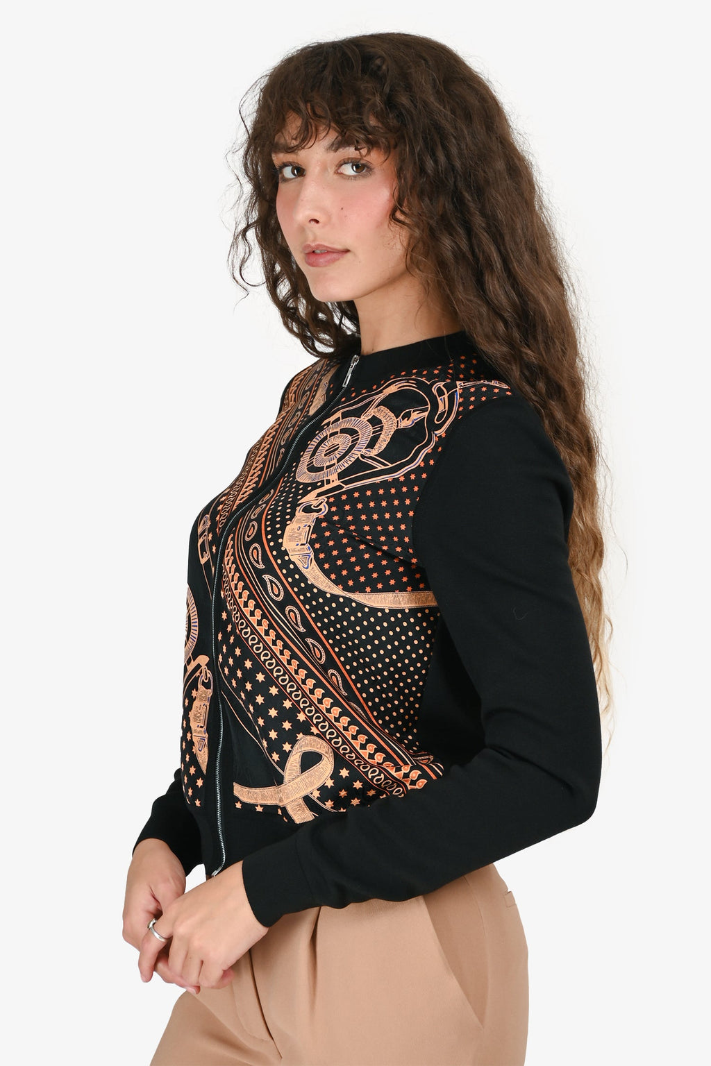 Hermès Black/Orange Silk "Eperon d'Or Bandana" Zip Up Twillaine igan Size 36