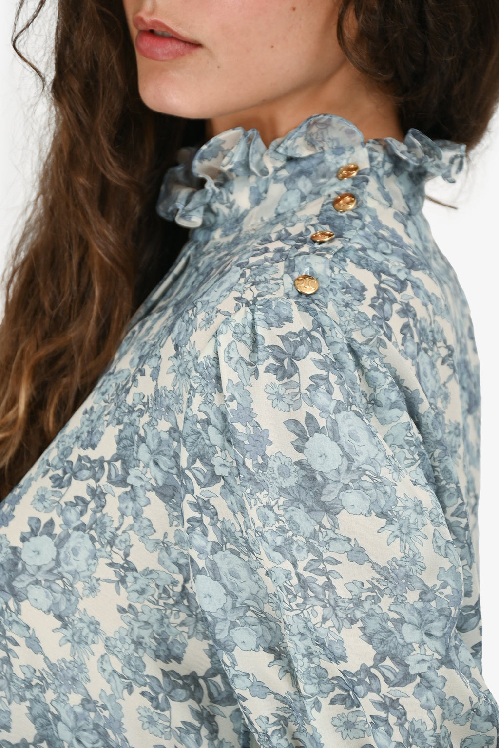 Celine 2024 Blue/White Silk Floral Printed Top Size 40