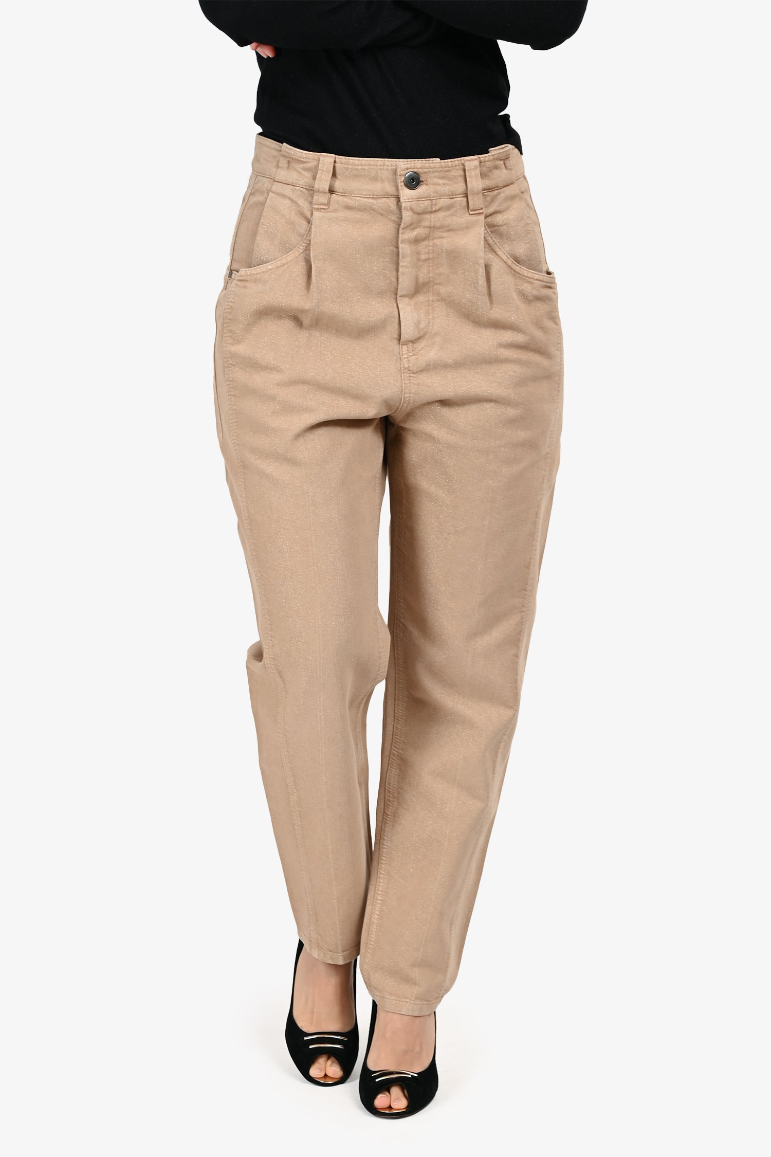 Brunello Cucinelli Brown Coated Denim Barrel Legged Jeans Size 6 US