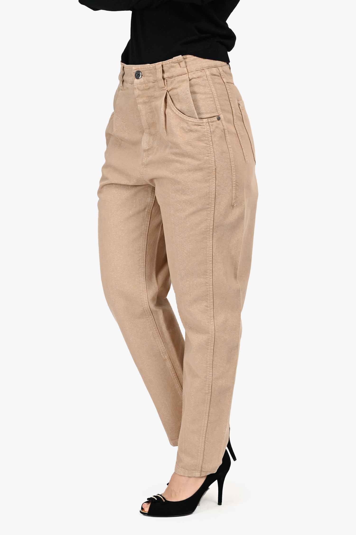 Brunello Cucinelli Brown Coated Denim Barrel Legged Jeans Size 6 US