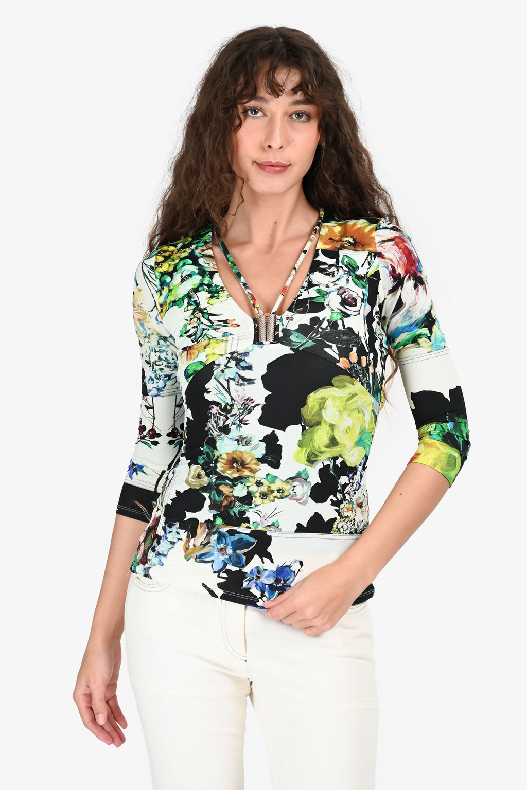 Robert Cavalli White/Green/Black Floral Print V-Neck Top Size 38